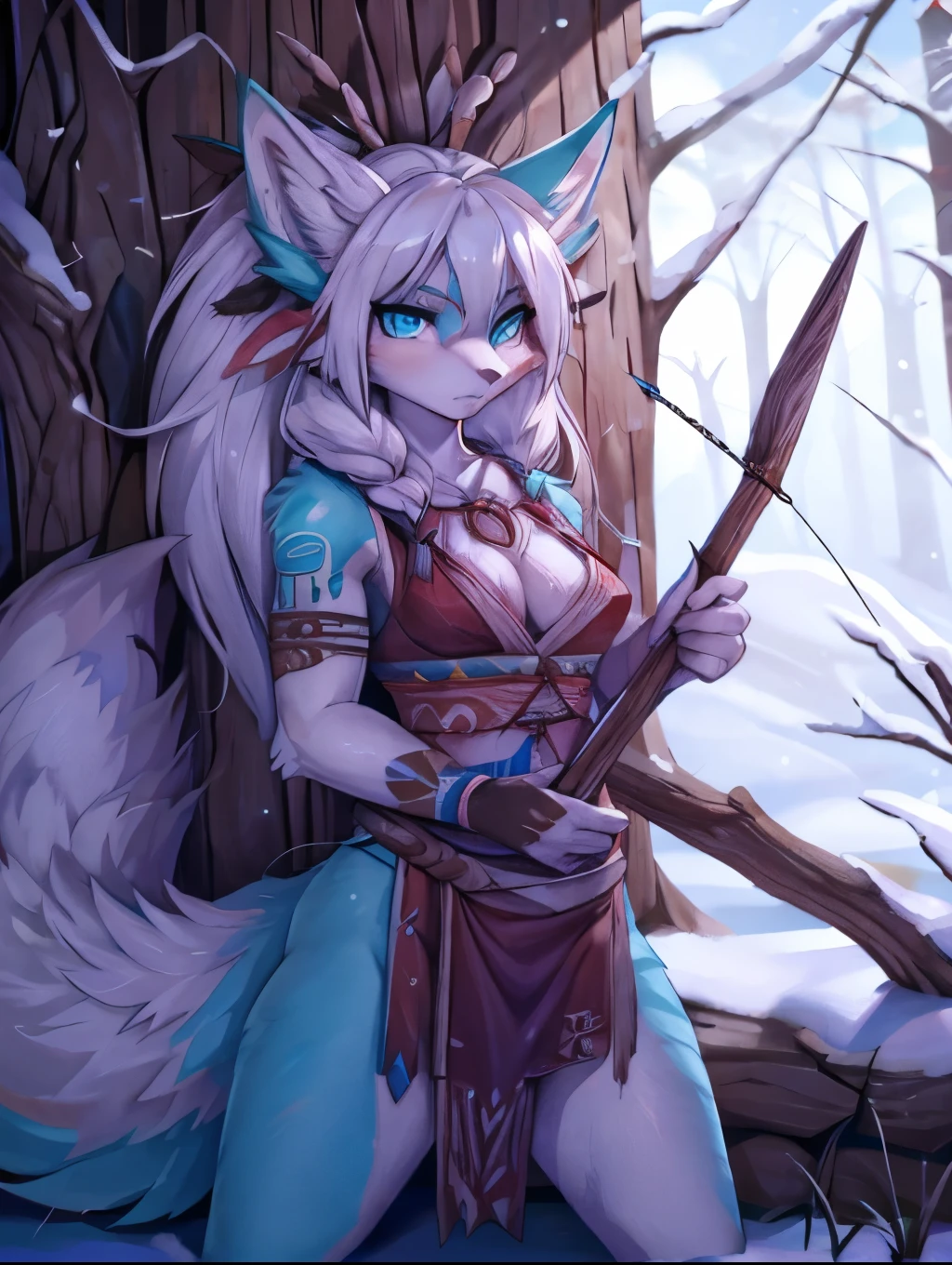 Miku hatsune,arabe, alta definicion, white body, snow foxy, white hair,orejas de kitsune, tribal tatoo, tribal clothes, cute girl, 18 years old girl, virgin, blackforest lsnd scspe, archery girl, intense blue eyes, tribal magic