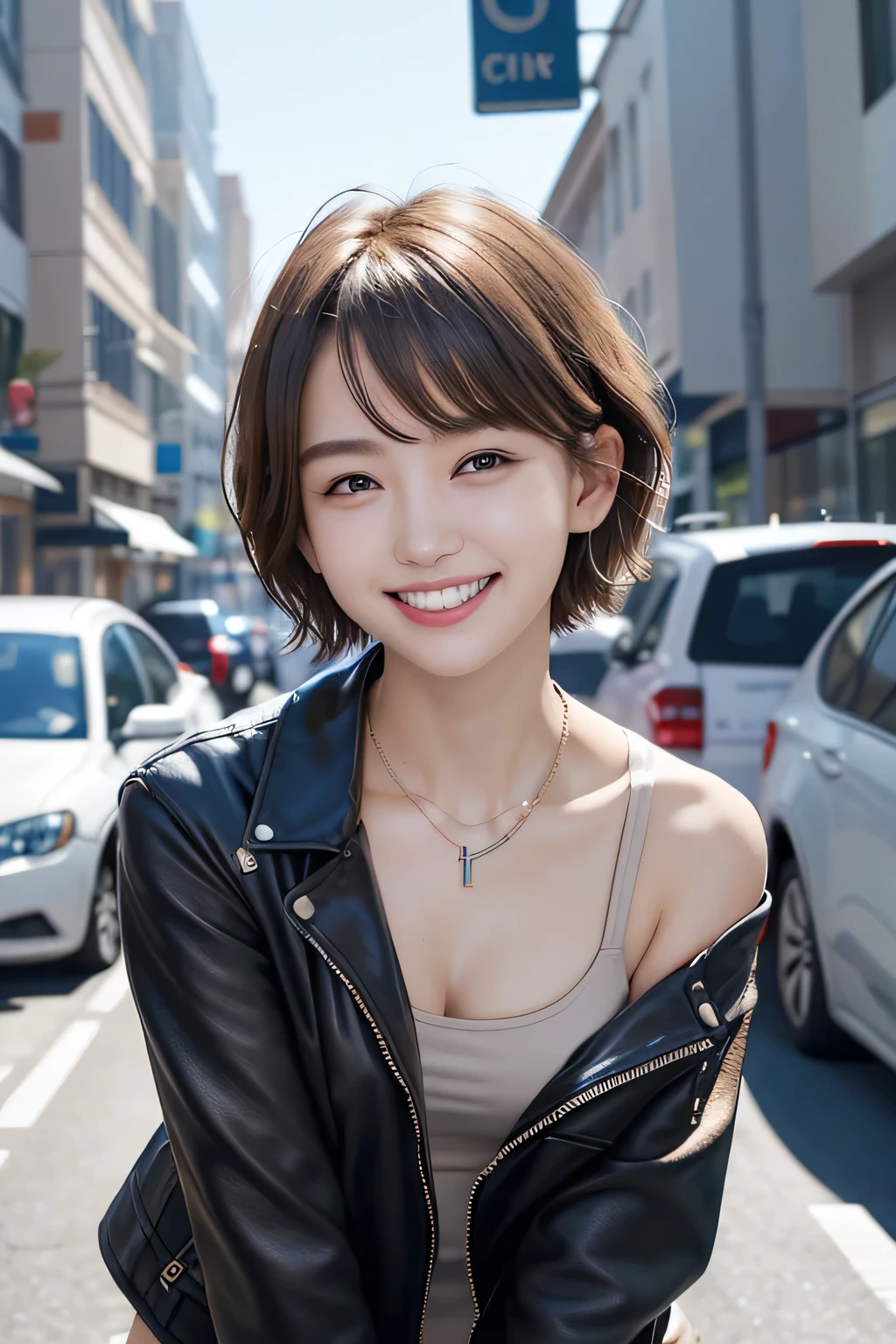 205 ((short hair)), 20-year-old female, In underwear、Leather jacket with sleeves unworn、Wear a jacket over your shoulders、smile、Beautiful teeth alignment、、Black Hair、ear piercing、Necklace around the neck、Looking into the camera, The background is the city Off-the-shoulder fashion
