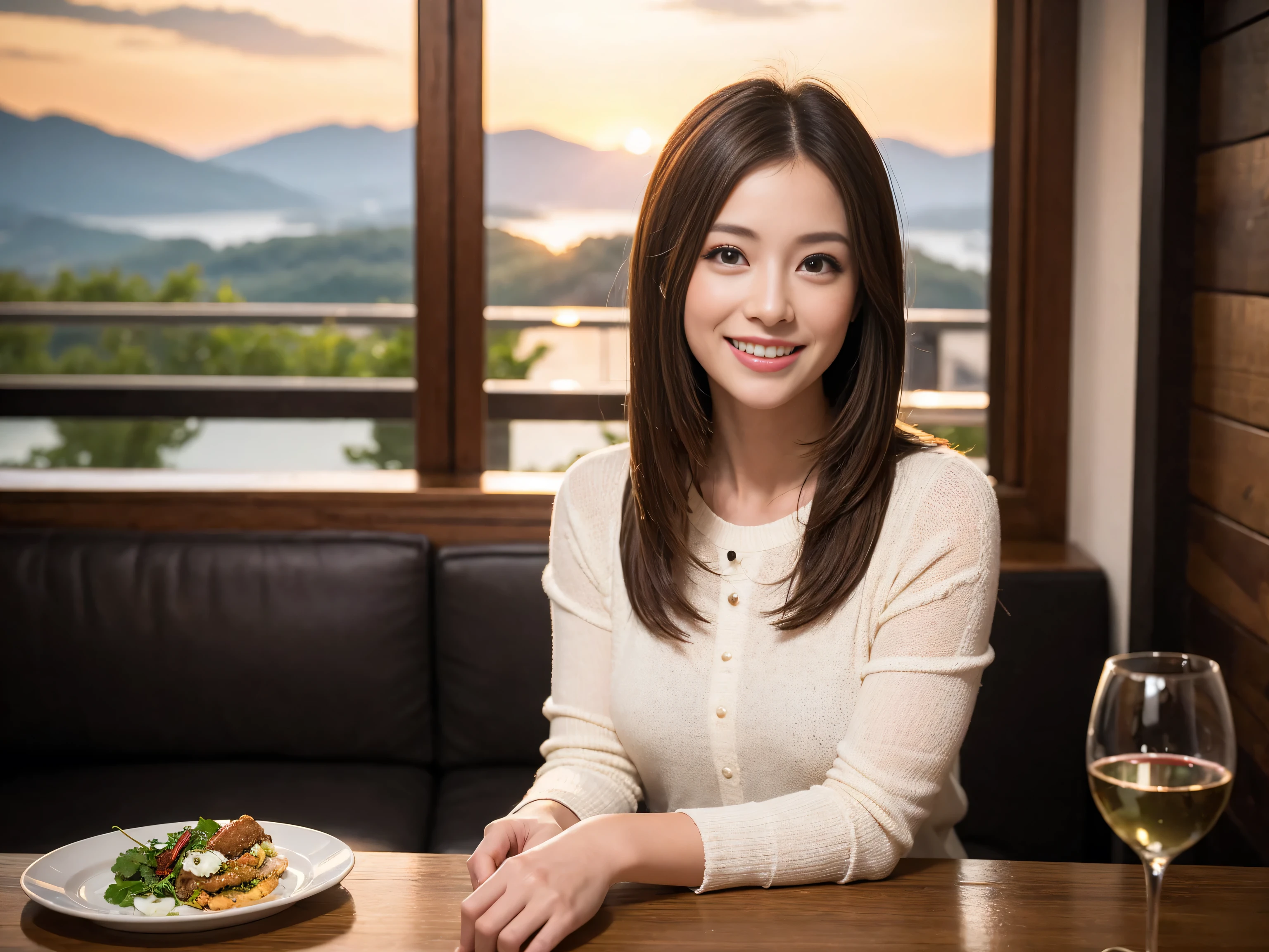 ((highest quality、8k、masterpiece:1.3))、1 male、1 female、Satomi Ishihara lookalike couple、Spouse、Brown Hair Couple、The body is slim、((Bob Hale、Straight hair:1.2)), (Realistic, Intricate details:1.2), Wine glass on the table、Put the light on your face、 Amazing view of the sunset sky and clouds、Amazing mountain views、A bright smile、The wonderfulness of smile、Bright image、The beauty of wine, Beautiful Face, blue eyes, The light shines on your face, Blushing, short hair,Bright Face、 (41 years old), 39 years old, red wine 、Appetizers、Italian food、Wine bottle、Champagne、sparkling wine、Two beauties、Brown Hair、Shortcuts、Long sleeve shirt、dress、Pretty Woman 1, (Slim face), (The body is slim), (Brown Hair), (Shortcuts), cheeks turn a little red,Attractive beauty、restaurant, In a prominent place (From the waist up) Nova Frog Style, actress, model, Upper Body, White wine, slim, wine glass, A wine glass placed in the center, smile, (smile: 1.15), Beautiful fine grain, Depth f/2,saturation, High Contrast, Strong light and shadow,Moist Body:1.5、3D texture、Delicate eyes、Brown Hair、The hair is very shiny、