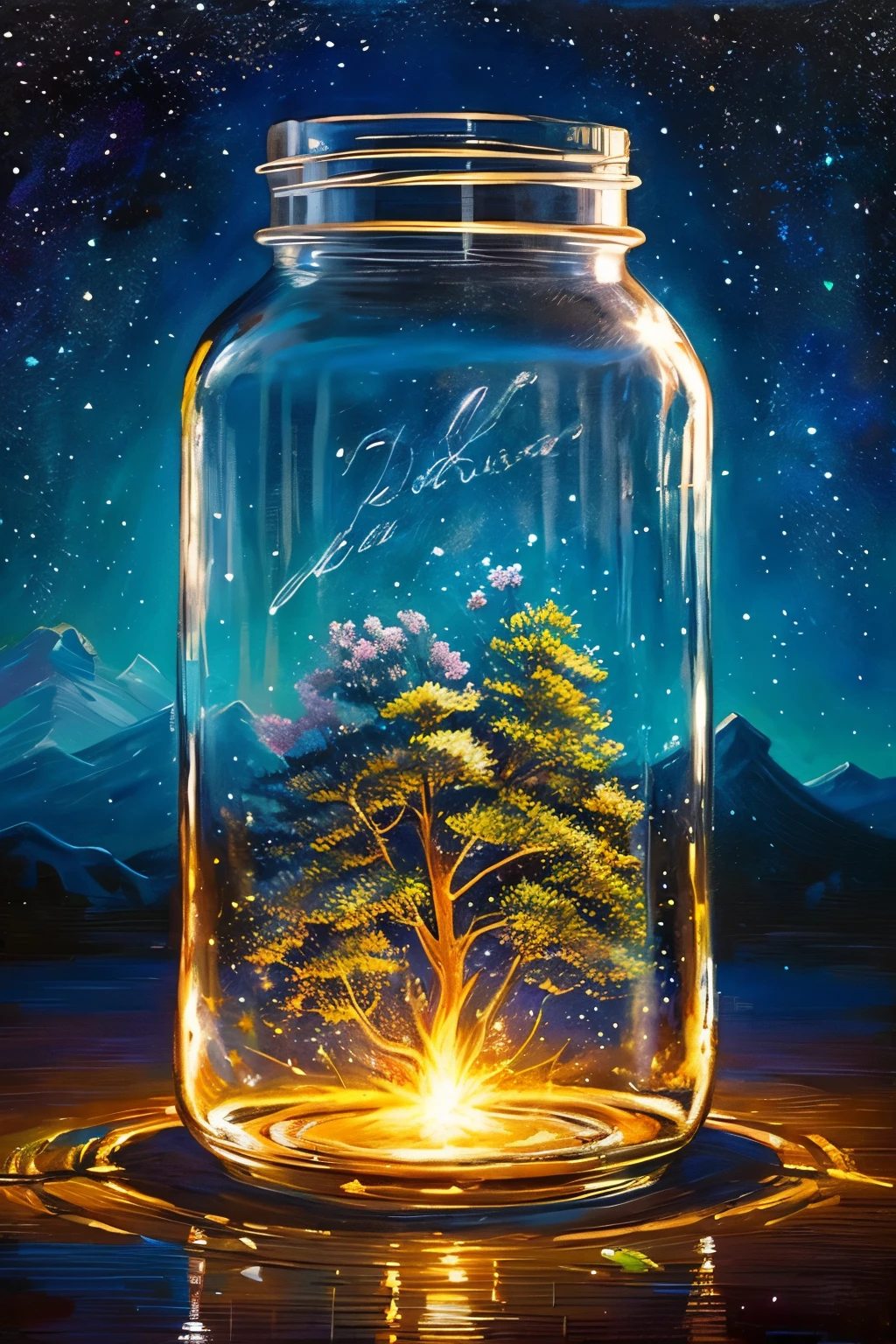 ​masterpiece、top-quality、（Very delicate and beautiful starry sky landscape trapped in a jar）、world masterpiece theater、high-resolutionisometric、top-quality、illustratio、Impasto、canvas、an oil painting、realism、realisitic