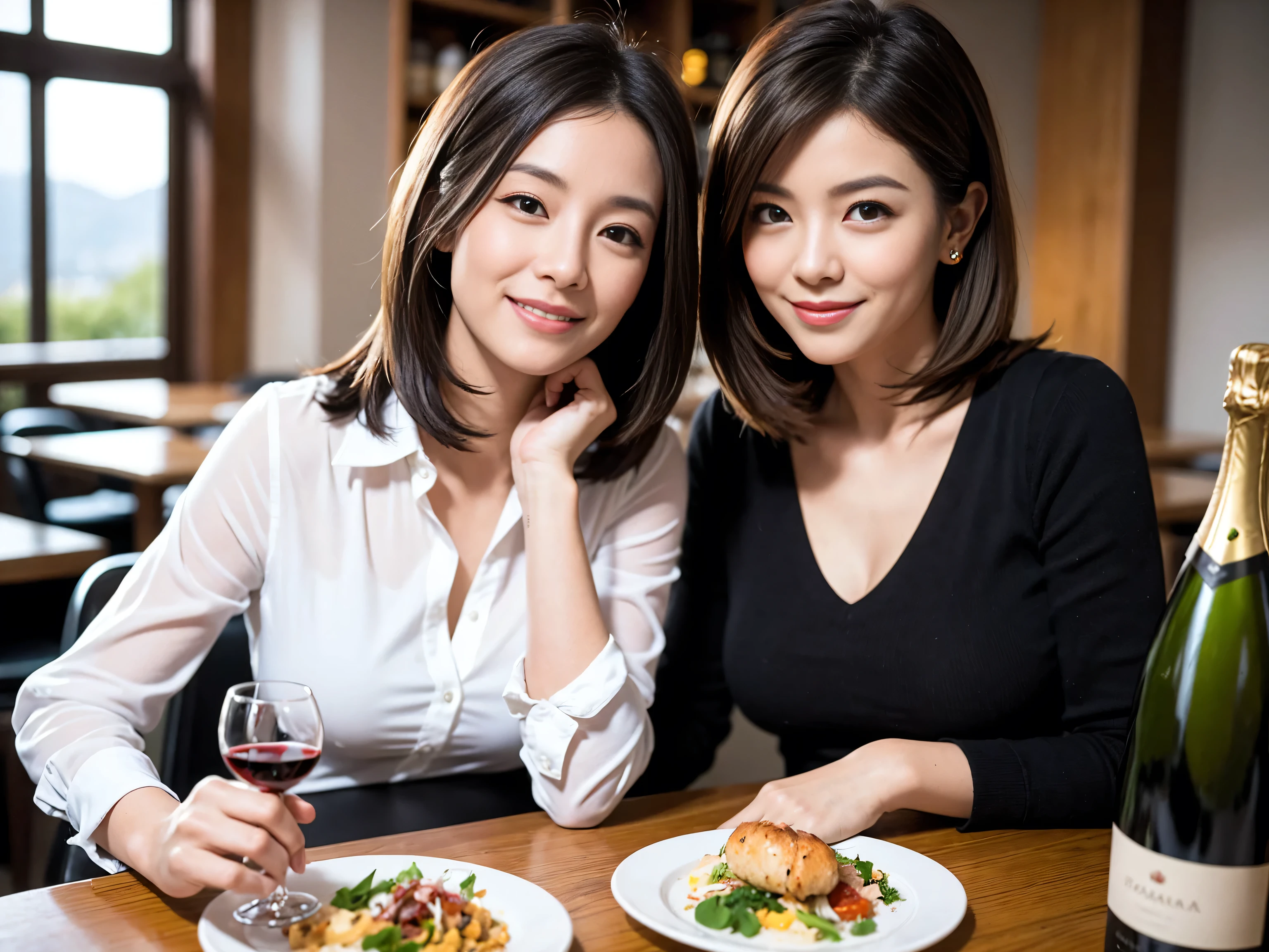 ((highest quality、8k、masterpiece:1.3))、1 male、1 female、Satomi Ishihara lookalike couple、Spouse、Brown Hair Couple、The body is slim、((Bob Hale、Straight hair:1.2)), (Realistic, Intricate details:1.2), Wine glass on the table、Put the light on your face、 Amazing view of the sunset sky and clouds、Amazing mountain views、A bright smile、The wonderfulness of smile、Bright image、The beauty of wine, Beautiful Face, blue eyes, The light shines on your face, Blushing, short hair,Bright Face、 (41 years old), 39 years old, red wine 、Appetizers、Italian food、Wine bottle、Champagne、sparkling wine、Two beauties、Brown Hair、Shortcuts、Long sleeve shirt、dress、Pretty Woman 1, (Slim face), (The body is slim), (Brown Hair), (Shortcuts), cheeks turn a little red,Attractive beauty、restaurant, In a prominent place (From the waist up) Nova Frog Style, actress, model, Upper Body, White wine, slim, wine glass, A wine glass placed in the center, smile, (smile: 1.15), Beautiful fine grain, Depth f/2,saturation, High Contrast, Strong light and shadow,Moist Body:1.5、3D texture、Delicate eyes、Brown Hair、The hair is very shiny、