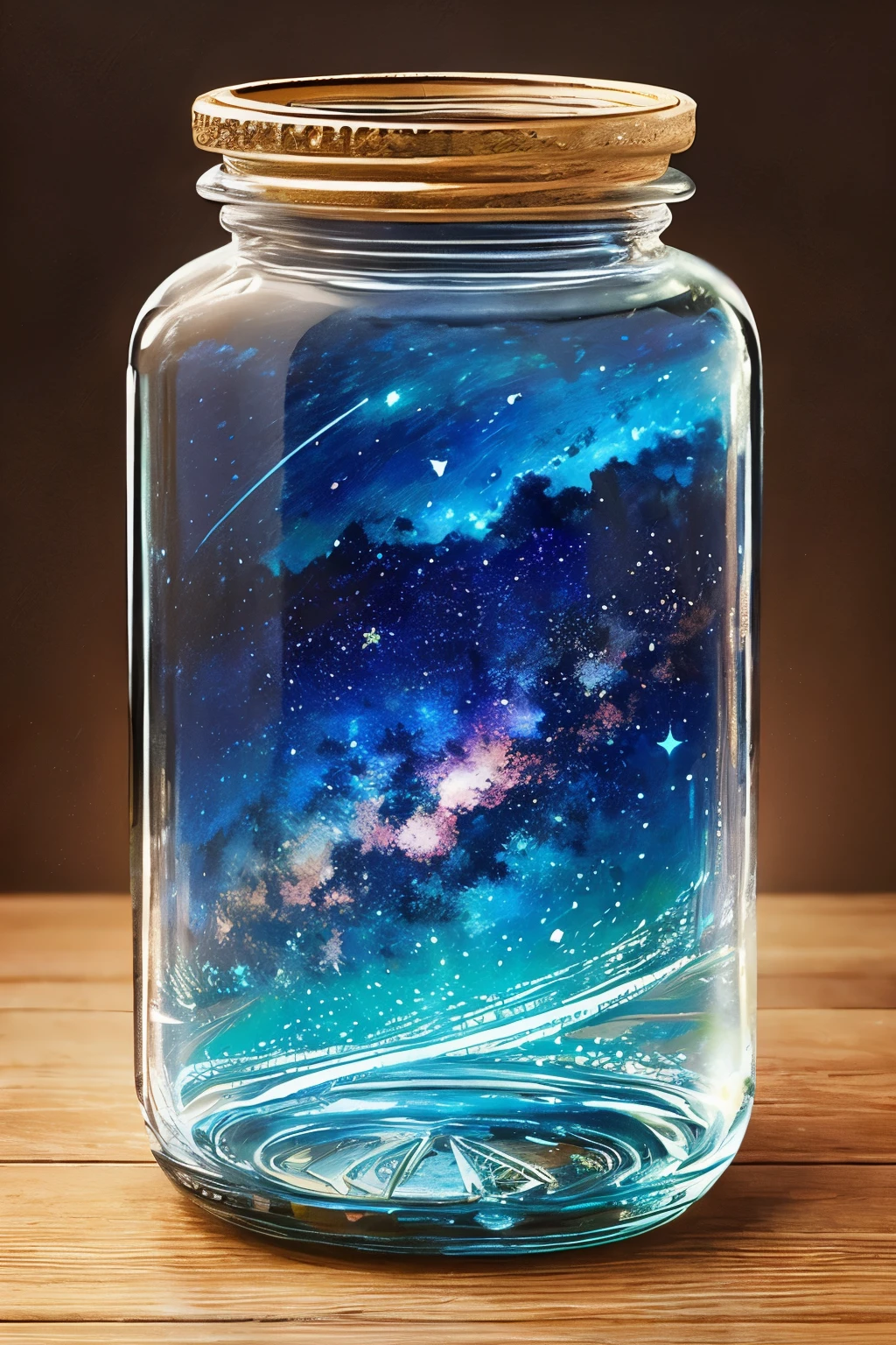 masterpiece、top-quality、(Very delicate and beautiful starry sky landscape trapped in a jar)、world masterpiece theater、high-resolutionisometric、top-quality、illustratio、Impasto、canvas、an oil painting、realism、realisitic