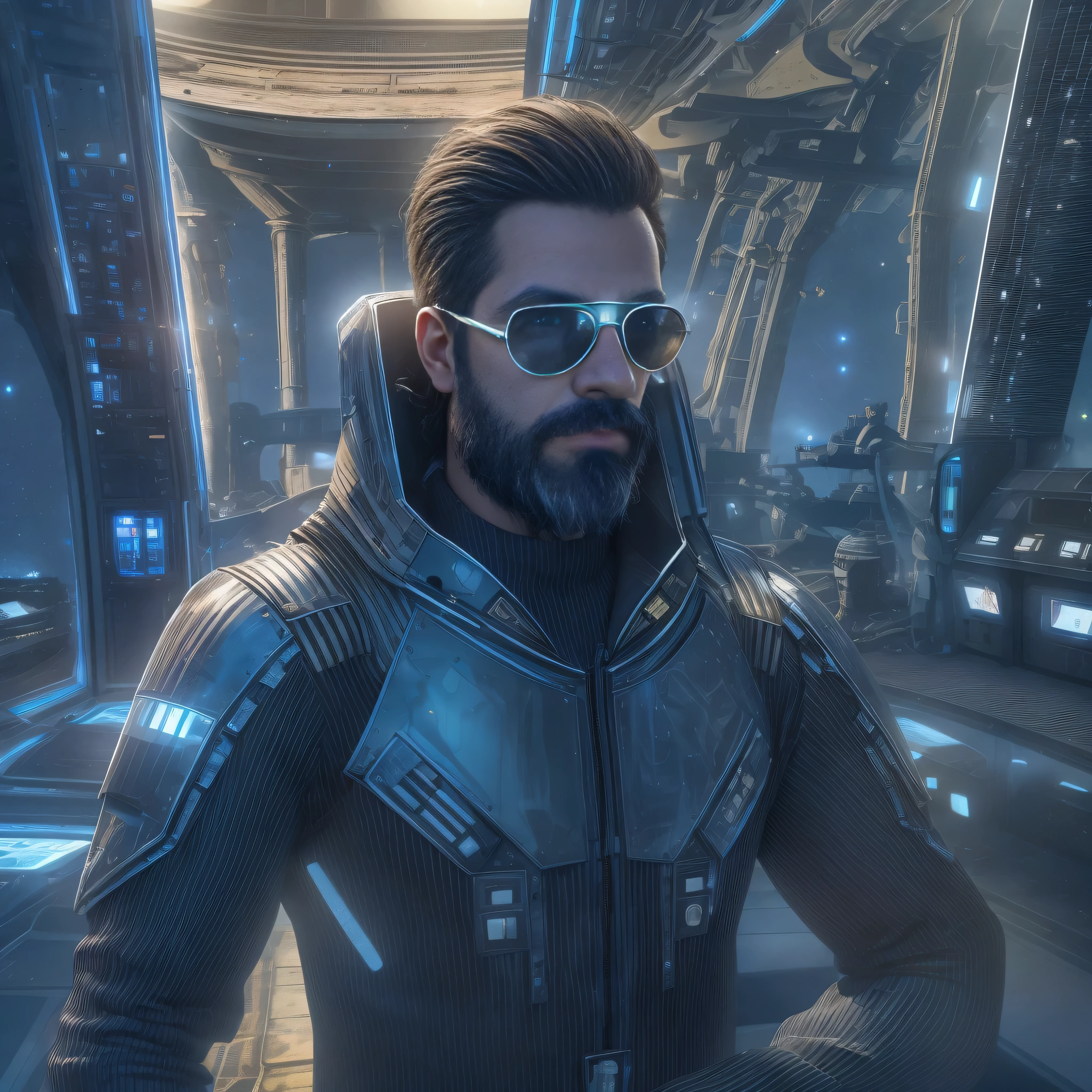 Create an ultra-detailed image from a sci-fi movie. El protagonista, A 38-year-old man with a beard and sunglasses, is in the center of the scene. Lleva un traje futurista de color negro con detalles luminosos en azul y plata. La toma es de plano medio, focusing on the upper body.

Escena:

The man is on the bridge of an advanced spacecraft. A su alrededor, there are holographic screens projecting data and graphics. The lighting is dim, con un brillo azulado que emana de las consolas y los paneles de control. Behind him, se puede ver una gran ventana mostrando el vasto espacio exterior con estrellas y planetas en el fondo. The atmosphere is tense, since the protagonist seems to be making mission-critical decisions.

Environment characteristics:

Futuristic consoles with holographic screens.
Soft lighting with blue and silver reflections.
Outer space background visible through a large window.
Technological details and cables visible on the bridge.
atmosphere:

A high-tech and tense environment, reflecting the importance of the space mission and the crucial role of the protagonist in it.