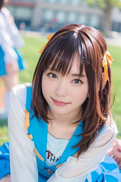 (RAW Photos:1.2), (Realistic:1.4),(masterpiece:1.3),(highest quality:1.4),超High resolution,(Fine grain),(Detailed facial features),(Detailed clothing features),High resolution,8K resolution, Focus Only, View Viewer, (bangs:1.1), dream-like, (Highly detailed illustration), One girl,cute, Innocent, (smile), (whole body) , Haruhi_srf, White long sleeve shirt with blue collar, Blue Skirt, Yellow ribbon, Are standing,ponytail、smile、