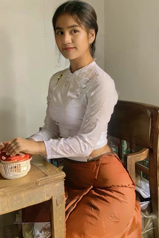 a close up of a woman in a red skirt and a white shirt, sukhothai costume, traditional dress, traditional tai costume, wearing headmistress uniform, with a red skirt, traditional clothes, red uniform, traditional clothing, white waist apron and undershirt, full body photograph, in style of lam manh, wearing rr diner uniform, long dress with apron