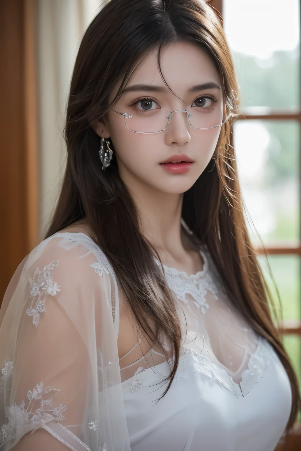 best qualtiy、tmasterpiece、超A high resolution、Realistic、1 rapariga、glowy skin、((hyperrealistic detailed))、Global Illumination、8K、Colossal 、highly intricate detail、Realistic light、radiant eyes、Transparent lace，Lace see-through，Silver glasses