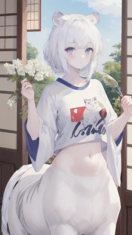 (best quality, masterpiece), 1 girl, centaur, It takes,White skin, Japanese teenage , belly button t-shirt, beautiful girl perfect white tiger photo, perfect white tiger photo