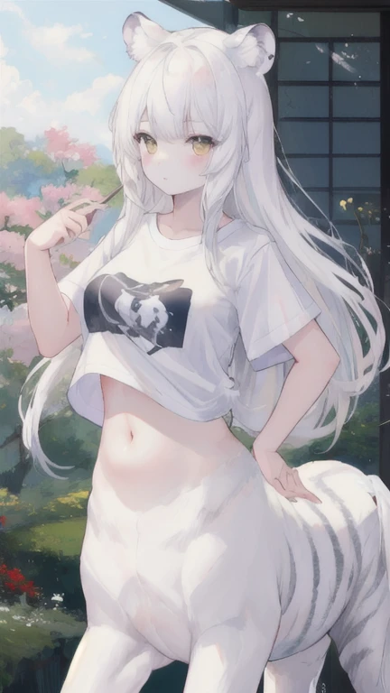 (best quality, masterpiece), 1 girl, centaur, It takes,White skin, Japanese teenage , belly button t-shirt, beautiful girl perfect white tiger photo, perfect white tiger photo