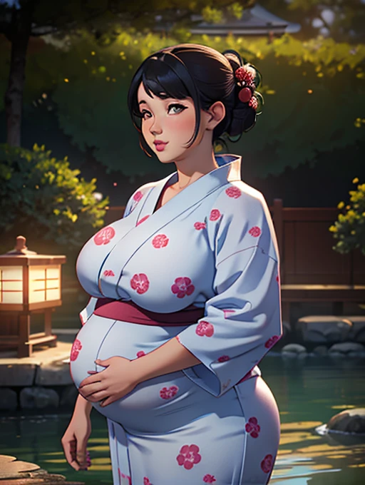 Gorgeous chubby pregnant woman, updo hair, (yukata), outdoor Japanese garden, bbw, morbidly obese, round protruding pregnant belly, weight gain, (high quality lighting),