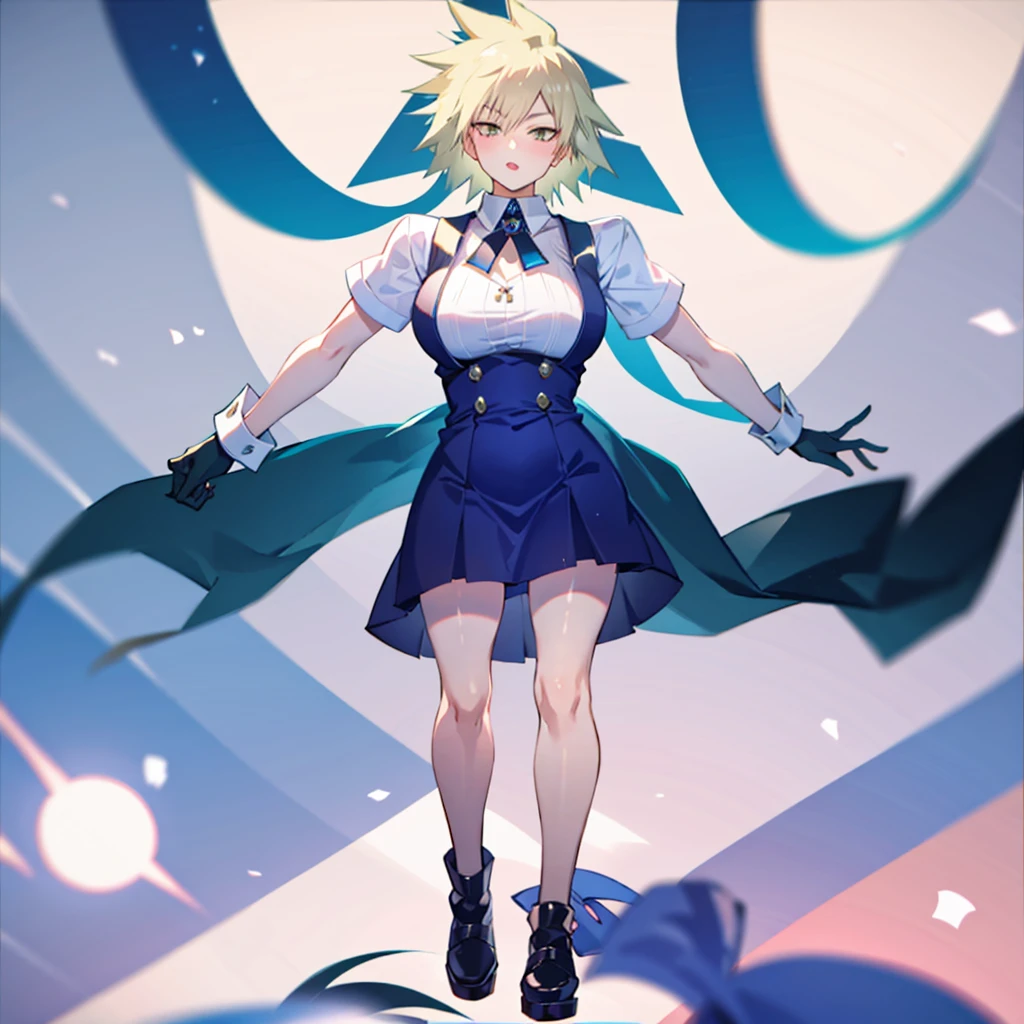 1girl, full body, short blonde hair, green eyes, blue maid dress, mitsuki bakugo from my hero academy