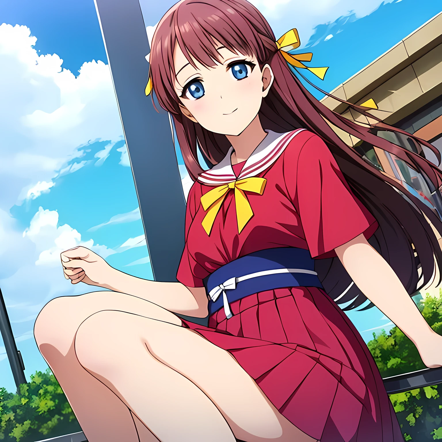 (highest quality, masterpiece:1.2), highest quality, High resolution, 1080p, 8K, CG of the heroine of a beautiful girl game, Height: 158cm, １４A year-old Japanese fashion model falls from the clear blue sky with a cute and elegant smile., A face as elegant as a princess, Glossy lips, Even bangs, Double, Long eyelashes, Big Blue Eyes, The very large and thick yellow ribbon bowtie is very cute., Beautiful, shiny red long hair, A neat red pleated skirt that reaches down to the knees, ((Sailor suit with red collar)), ((Pink blouse)), Ribbon in hair, Thick calves, Tight waist, Many navy blue pleated skirts fall, Approaching the viewer with open arms, Shooting from below