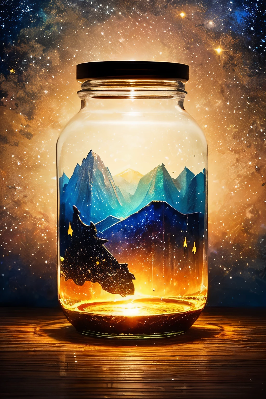 ​masterpiece、top-quality、（Very delicate and beautiful starry sky landscape trapped in a jar）、world masterpiece theater、high-resolutionisometric、top-quality、illustratio、Impasto、canvas、an oil painting、realism、realisitic