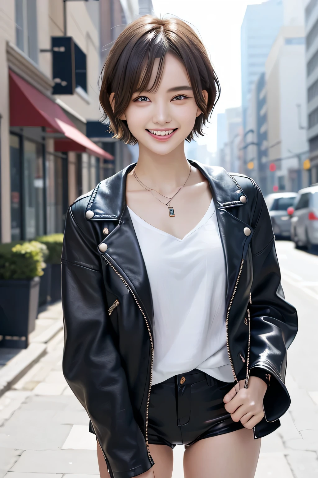 205 ((short hair)), 20-year-old female, In underwear、Leather jacket with sleeves unworn、Wear a jacket over your shoulders、smile、Beautiful teeth alignment、、Black Hair、ear piercing、Necklace around the neck、Looking into the camera, The background is the city Off-the-shoulder fashion