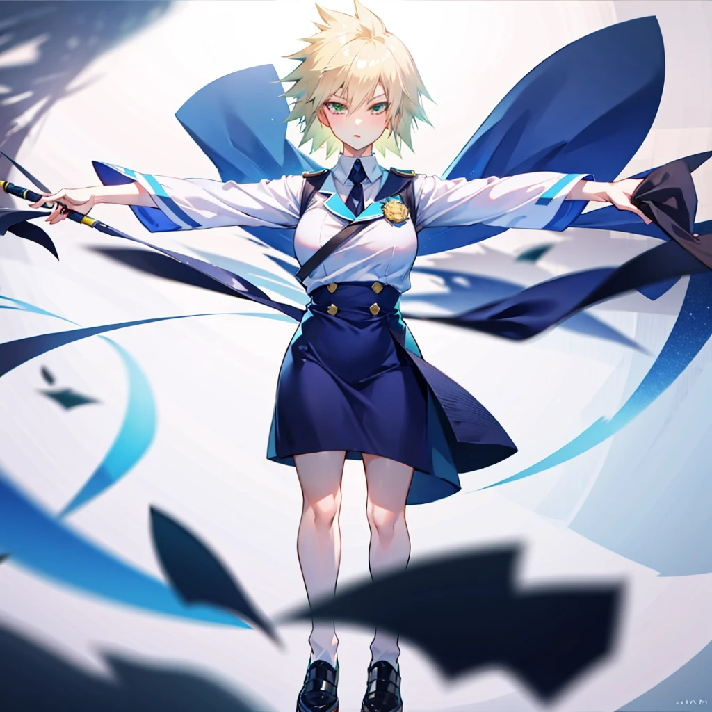 1girl, full body, short blonde hair, green eyes, blue maid dress, mitsuki bakugo from my hero academy