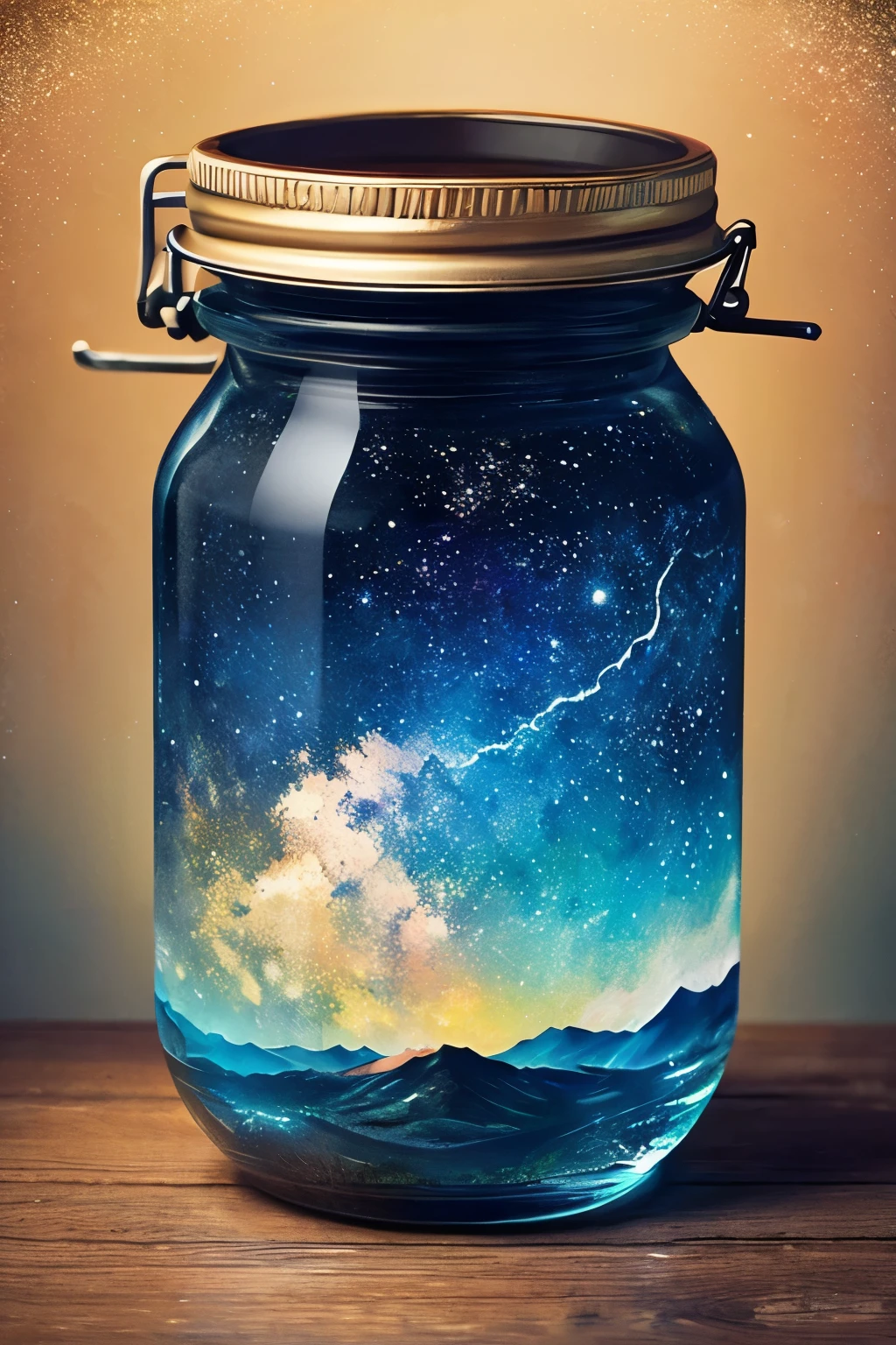 masterpiece、top-quality、(Very delicate and beautiful starry sky landscape trapped in a jar)、world masterpiece theater、high-resolutionisometric、top-quality、illustratio、Impasto、canvas、an oil painting、realism、realisitic