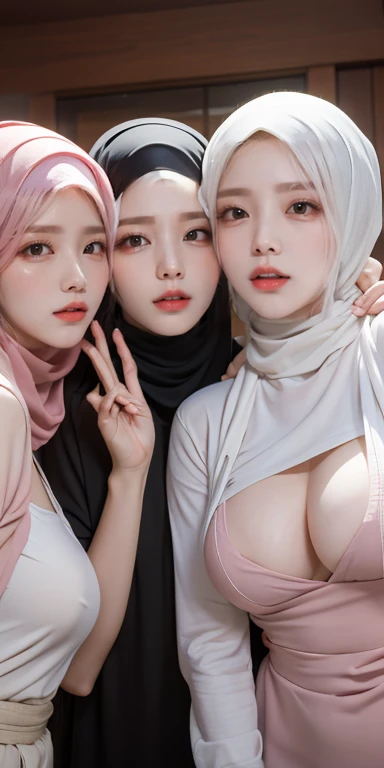 masutepiece, NSFW, Best Quality, Illustration, Highly detailed, fine detail, high resolution, 8K Wallpaper, Perfect dynamic composition, Many people in hijab, many people's hijab,nude body (three girls in hijab taking front camera photo), many people, Detail of beautiful eyes, Natural Lips , Smiling lips,(Lips laughed lightly), Hand details, (perfect fingers, no defects), Wearing a Muslim hijab,  close-up photo, (three girls wearing hijabs taking photos holding the front camera), lots of people wearing hijabs, girls taking photos, showing your big breasts, people wearing hijabs, all the girls holding front cameras,showing nude breasts and little nipples. Cowboys shot