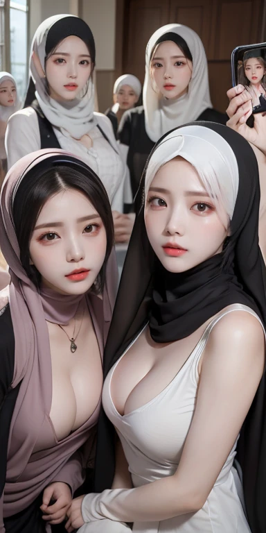 masutepiece, NSFW, Best Quality, Illustration, Highly detailed, fine detail, high resolution, 8K Wallpaper, Perfect dynamic composition, Many people in hijab, many people's hijab,nude body (three girls in hijab taking front camera photo), many people, Detail of beautiful eyes, Natural Lips , Smiling lips,(Lips laughed lightly), Hand details, (perfect fingers, no defects), Wearing a Muslim hijab, close-up photo, (three girls wearing hijabs taking photos holding the front camera), lots of people wearing hijabs, girls taking photos, showing your big breasts, people wearing hijabs, all the girls holding front cameras,showing nude breasts and little nipples. Cowboys shot