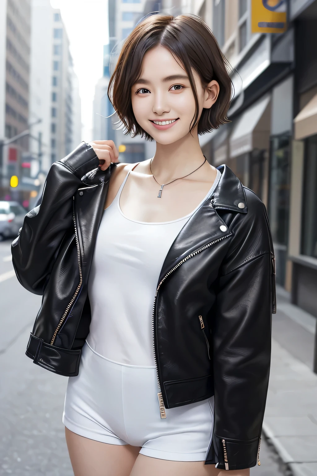 205 ((short hair)), 20-year-old female, In underwear、Leather jacket with sleeves unworn、Wear a jacket over your shoulders、smile、Beautiful teeth alignment、、Black Hair、ear piercing、Necklace around the neck、Looking into the camera, The background is the city Off-the-shoulder fashion