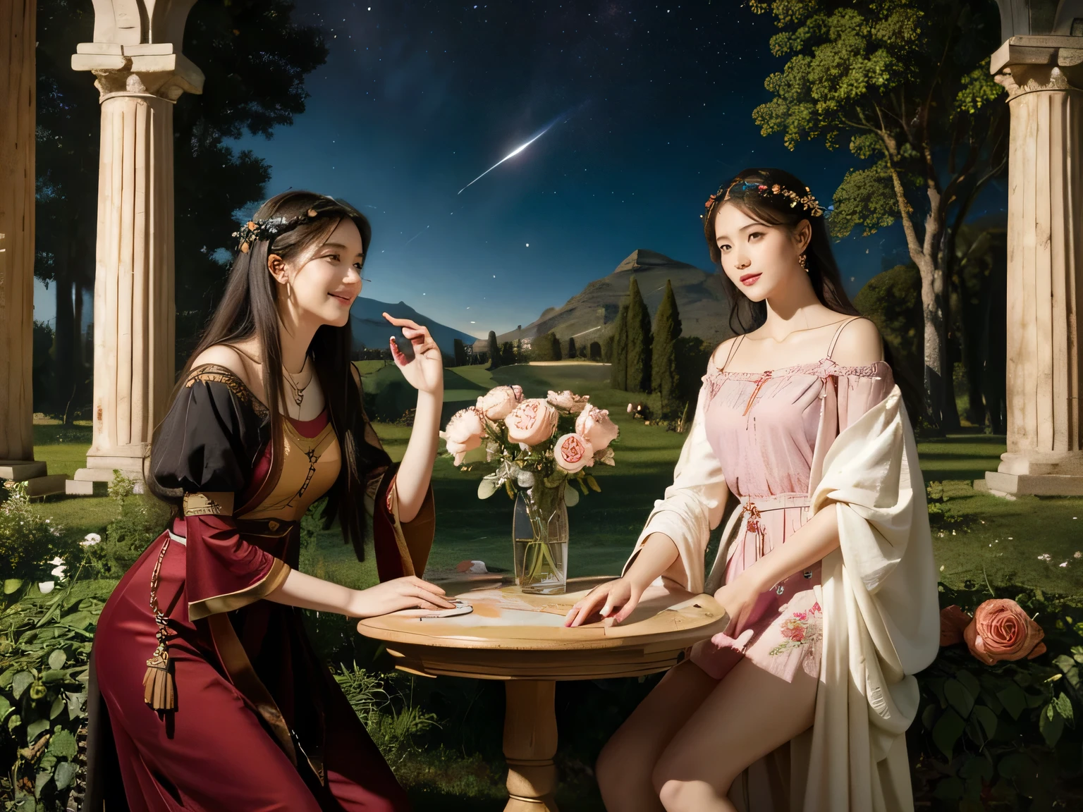 Giorgione painting style,Arguments of two female Philosophe,math、astronomical machine、astronaut、roses in vase、fruits、Cute trinkets、smile、ancient greek costume、Background is a forest lake at night 、Clothes that stretch your shou