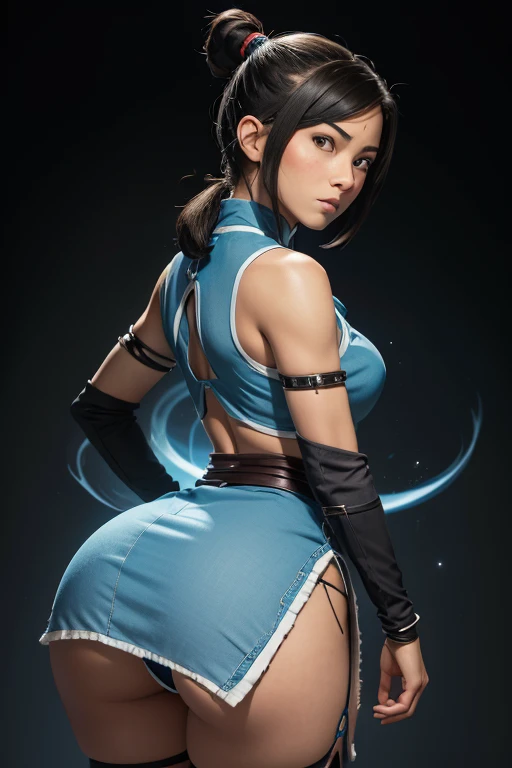 ((TOTALLY ALONE)), Korra (Avatar The Last Airbender), (always repeats the same face), (always repeats the same appearance), (always repeats the same proportions), (always repeats the same clothes), looking to the camera, completely alone, always shown full body, ogastigo appearance, naughty, charming, making a charm, beautiful, Privé Trends Frontal Twist Split Thigh Satin Cami Dress, diagonal view, round ass, huge ass