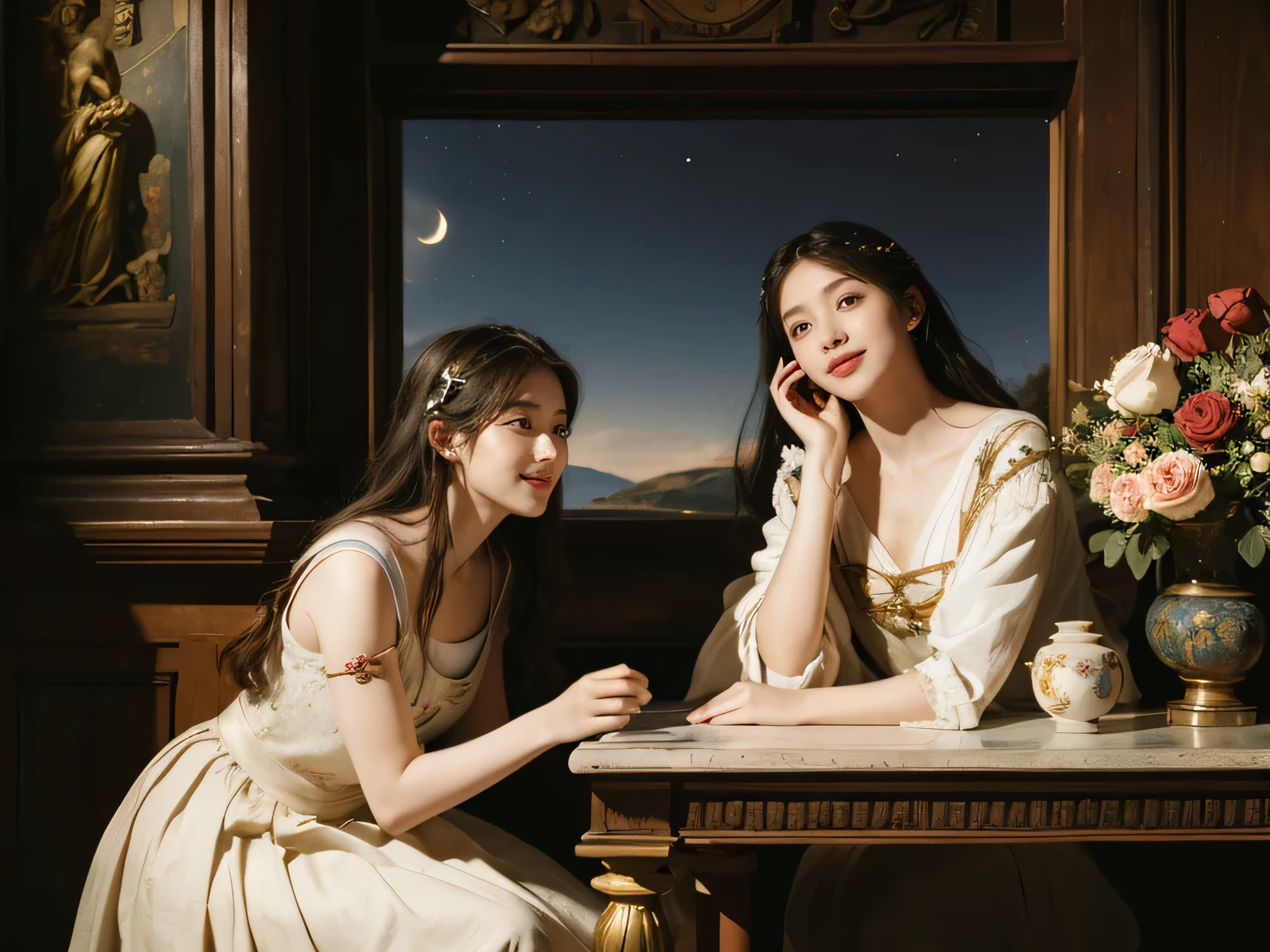 Giorgione painting style,Arguments of two female Philosophe,math、astronomical machine、astronaut、roses in vase、fruits、Cute trinkets、smile、ancient greek costume、Background is a forest lake at night 、Clothes that stretch your shou