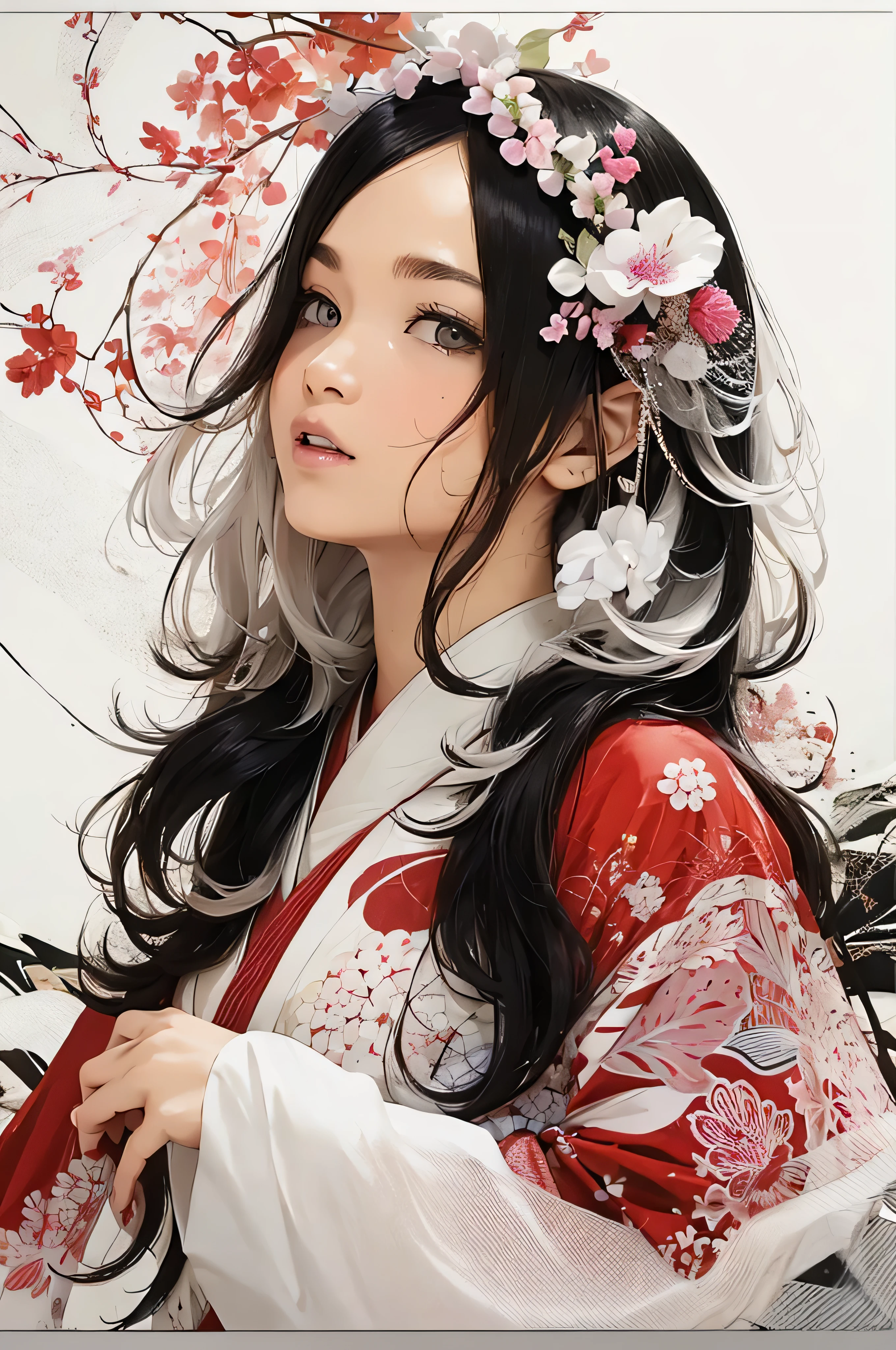 (((White Background、White world)))、14 years、unity 8k wallpaper、Super detailed、beautifully、aesthetic、masterpiece、highest quality、(Zentangle、Mandala、Tangle、Tangle)、(Fractal Art:1.3)、One Girl、Beautiful black hair、Japanese、Big pink、red kimono、Japanese clothing、Very detailed、Dynamic Angle、Cowboy Shot、Chaos in its most beautiful form、elegant、Brutalist Design、Vibrant colors、Romance、atmosphere、Ecstasy Note、Streaming notes are displayed、(((White Background、Pure white background、Red circle)))