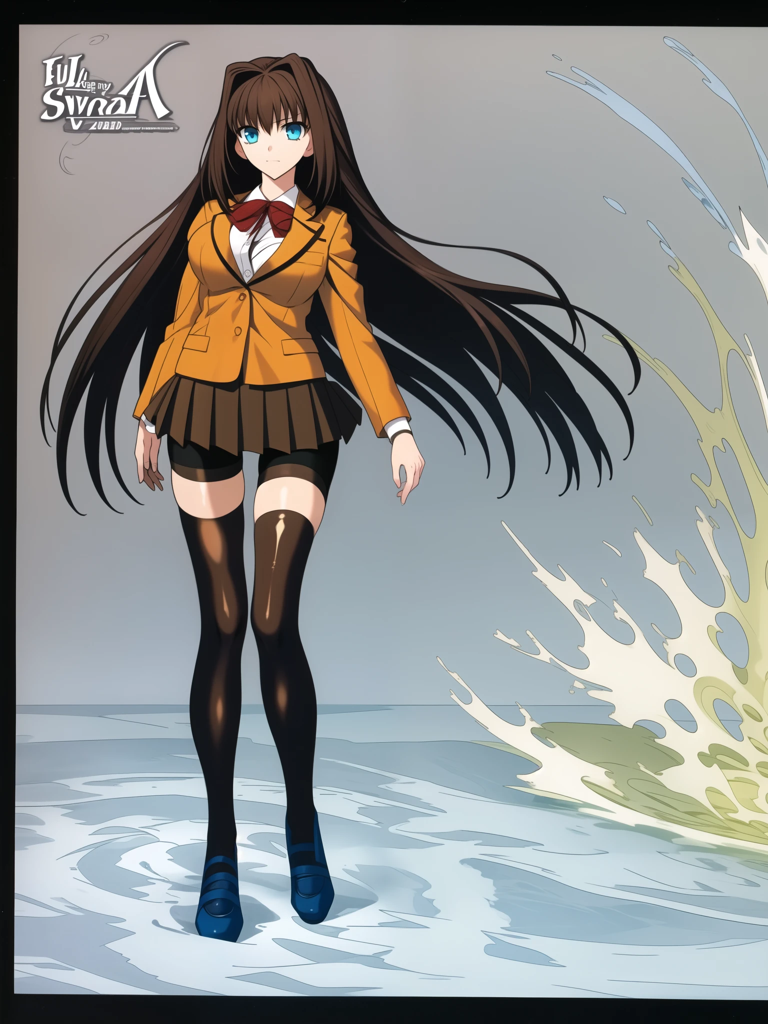 BREAK, blank background, white background, (EMPTY BACKGROUND), BREAK (masterpiece:1.2), best quality, high resolution, 8k, illustration, (beautiful detailed eyes:1.6), extremely detailed face, extremely detailed, CG, perfect hands, perfect anatomy, (((1girl))), (((solo))), (((bbaoko))), (((2 legs max:1.7))), (((2 feet max:1.6))), ((swirling vortex shaped longest brown hair:1.5)), (brown longest hair with slightly reddish undertone:1.6), (lush luscious longest brown hair:1.6), (very long voluminous longest brown hair:1.5), serious, blue eyes, red bowtie, (Form-fitting beige blazer:1.5), brown jacket, (highly detailed beautiful face:1.2), (white shirt:1), (well shaped large breasts:1.6), (nice hips:1), (((Umber pleated thigh-high skirt:1.6))), (((black bike shorts:1.4))), (2 nice visible thighs:1.6), (symmetrical thigh-high black colored stockings:1.6), (strap shoes brown color), (facing front:1.5), ((standing straight:1.5)), ((Fullbody in frame:1.6)), ((Full body:1.5))
