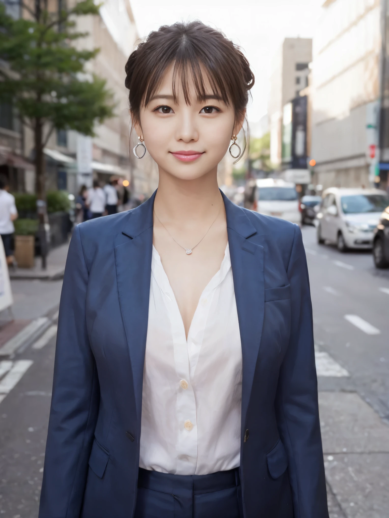 1 girl, G cup women、Tie your hair、Single bun hair、office lady、On the way to work、Shibuya Snaps, Tokyo、(Wear a classy dark blue suit、White shirt underneath、Photo from the waist up、Small silver earrings、Small silver necklace:1.2), (RAW Photos, highest qualそれy), (Realistic, Realistic:1.4), Tabletop, Very delicate and beautiful, Very detailed, 2k wallpaper, wonderful, finely, Very detailed CG Unそれy 8K 壁紙, Very detailed, High resolution, Soft Light, Beautiful detailed girl, Very detailed目と顔, Beautiful and sophisticated nose, finelyて美しい目, Cinema Lighting, Perfect Anatomy, Slender body, Was nervous,
Straight semi-long hair, bangs, Looking at the audience, smile.Large Breasts.