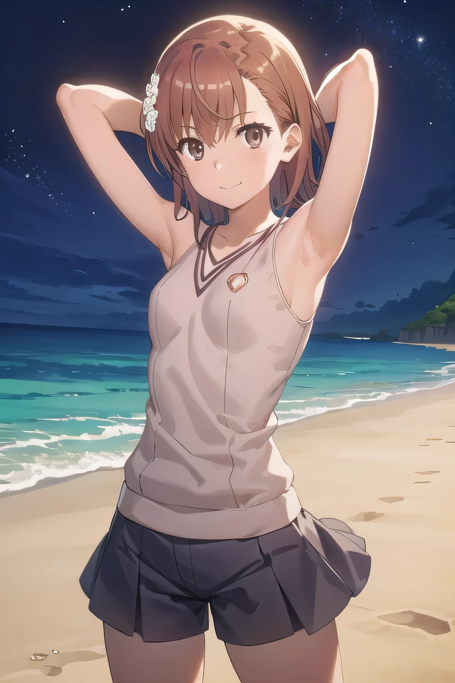 (((pixel-perfect, detail-perfect))), solo, 1girl, misaka mikoto, tokiwadai , bow, looking at viewer, closed mouth, looking at viewer, smile, showing armpit, looking at viewer, solo, contrapposto, spread armpit, arm behind head, hand on hip, smile, looking at viewer, (cowboy shot:1.5), closed mouth, night sky, beach, best quality,