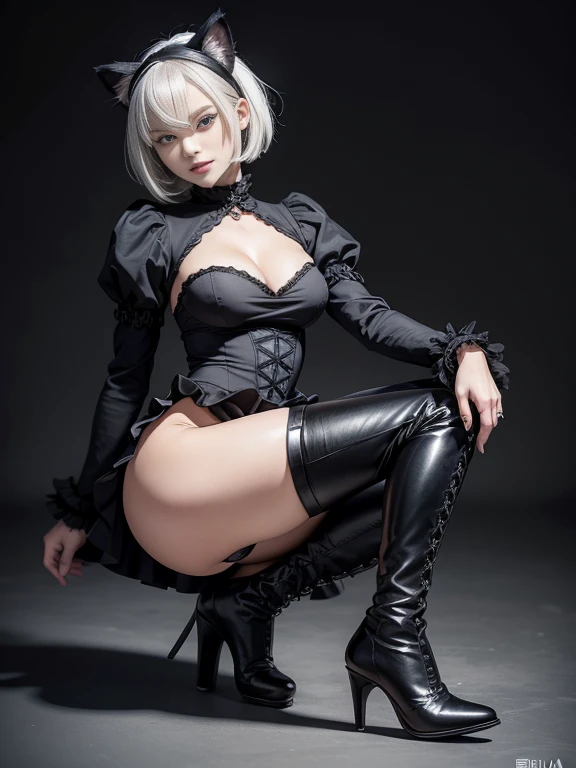 8K,Masterpiece,One woman,Smile,30 years old,blue eyes,White Hair,Short Bob Hair,(Gothic Lolita),Dutch beauty,Ella Freya（Ella Freya),Dynamic Angle,skirt lift,Panty Shot,Cat ear,Dynamic Pose 2b, short hair, Knee socks, gloves, Long sleeve, dress, Holding,Slender figure, Cleavage, Small breasts, Gray Hair, hair band, boots, Puffy sleeves, black Knee socks, Black footwear, Mole, black dress, High heels, leotard, Clothing cutouts, thigh boots, Cleavage cutout, black hair band, Juliet Sleeve, high heel boots, Feather ornament sleeves, 