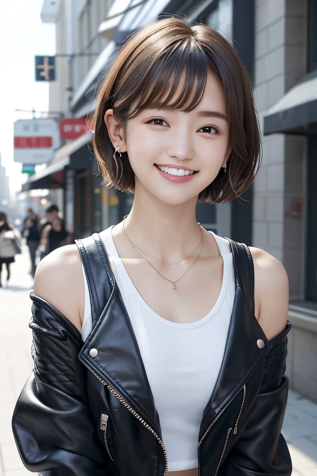 205 ((short hair)), 20-year-old female, In underwear、Leather jacket with sleeves unworn、Wear a jacket over your shoulders、smile、Beautiful teeth alignment、、Black Hair、ear piercing、Necklace around the neck、Looking into the camera, The background is the city Off-the-shoulder fashion
