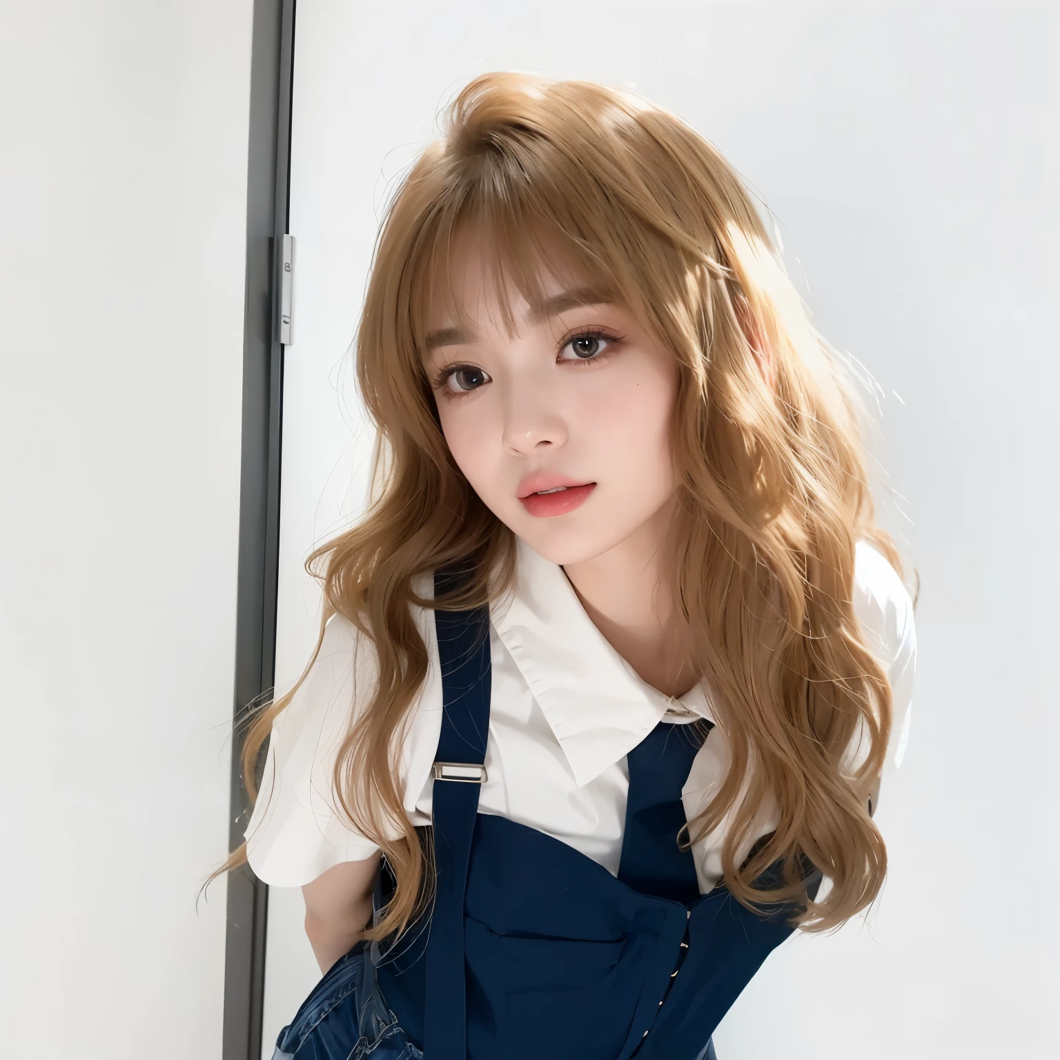 masterpiece, best quality, Girl in white shirt and blue overalls,Brown hair,,Flowing long hair,Long curly hair,Very curly hair,Sweet girl,a girl,Exquisite facial features,