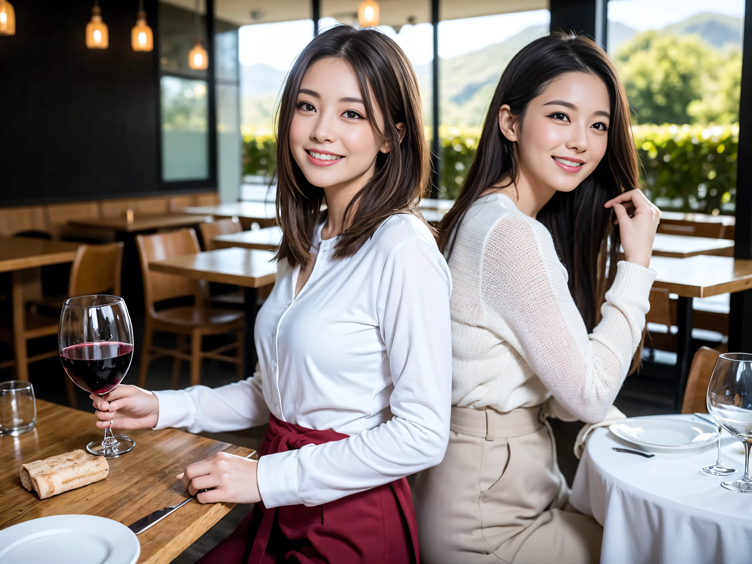 ((highest quality、8k、masterpiece:1.3))、1 male、1 woman who resembles Satomi Ishihara、Couple、Spouse、Couple、The body is slim、((Bob Hale、Straight hair:1.2)), (Realistic, Intricate details:1.2), Wine glass on the table、Put the light on your face、 Amazing view of the sunset sky and clouds、Amazing mountain views、A bright smile、The wonderfulness of smile、Bright image、The beauty of wine, Beautiful Face, blue eyes, The light shines on your face, Blushing, short hair,Bright Face、 (Age 37), 39 years old, red wine 、Appetizers、Italian food、Wine bottle、Champagne、sparkling wine、Two beauties、Brown Hair、Shortcuts、Long sleeve shirt、dress、Pretty Woman 1, (Slim face), (The body is slim), (Brown Hair), (Shortcuts), cheeks turn a little red,Attractive beauty、restaurant, In a prominent place (From the waist up) Nova Frog Style, actress, model, Upper Body, White wine, slim, wine glass, A wine glass placed in the center, smile, (smile: 1.15), Beautiful fine grain, Depth f/2,saturation, High Contrast, Strong light and shadow,Moist Body:1.5、3D texture、Delicate eyes、Brown Hair、The hair is very shiny、