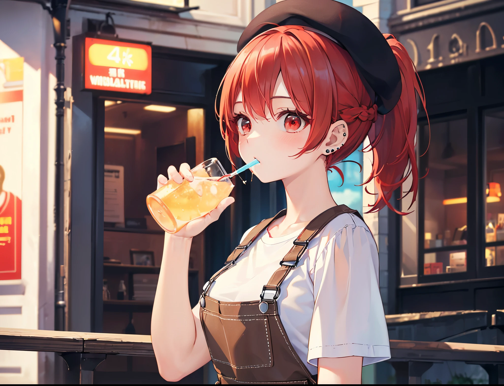 (Close-up:1.3),Realistic,highest quality, Ultra Detail, High-quality CG rendering, The most delicate and beautiful, Floating softly, High resolution, (1 girl), (Highest quality,4K,8K,masterpiece:1.2),(All red hair:1.5), (ponytail:1.5),(Red eyes:1.5),(Slightly larger breasts:1.2), (Light brown overalls:1.3),(Pure white inner T-shirt:1.3),(Black boots:1.3)、(Light brown beret:1.3)、Piercing in left ear,In the city,old buildings,(Upper Body:1.3),(Drinking a drink:1.3)
