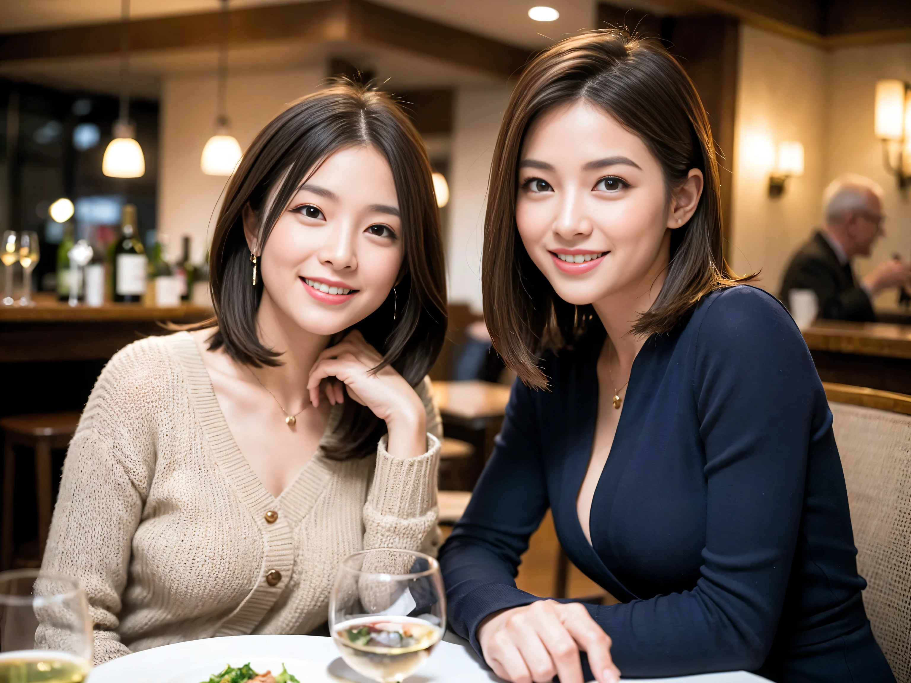 ((highest quality、8k、masterpiece:1.3))、1 male、1 woman who resembles Satomi Ishihara、Couple、Spouse、Couple、The body is slim、((Bob Hale、Straight hair:1.2)), (Realistic, Intricate details:1.2), Wine glass on the table、Put the light on your face、 Amazing view of the sunset sky and clouds、Amazing mountain views、A bright smile、The wonderfulness of smile、Bright image、The beauty of wine, Beautiful Face, blue eyes, The light shines on your face, Blushing, short hair,Bright Face、 (Age 37), 39 years old, red wine 、Appetizers、Italian food、Wine bottle、Champagne、sparkling wine、Two beauties、Brown Hair、Shortcuts、Long sleeve shirt、dress、Pretty Woman 1, (Slim face), (The body is slim), (Brown Hair), (Shortcuts), cheeks turn a little red,Attractive beauty、restaurant, In a prominent place (From the waist up) Nova Frog Style, actress, model, Upper Body, White wine, slim, wine glass, A wine glass placed in the center, smile, (smile: 1.15), Beautiful fine grain, Depth f/2,saturation, High Contrast, Strong light and shadow,Moist Body:1.5、3D texture、Delicate eyes、Brown Hair、The hair is very shiny、