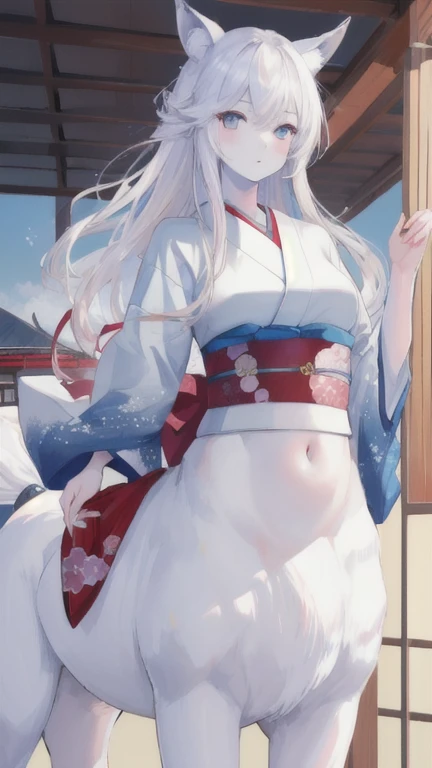 (best quality, masterpiece), 1 girl, centaur, It takes,White skin, Japanese teenage , kimono,belly button t-shirt, beautiful girl perfect wolf photo, perfect wolf photo