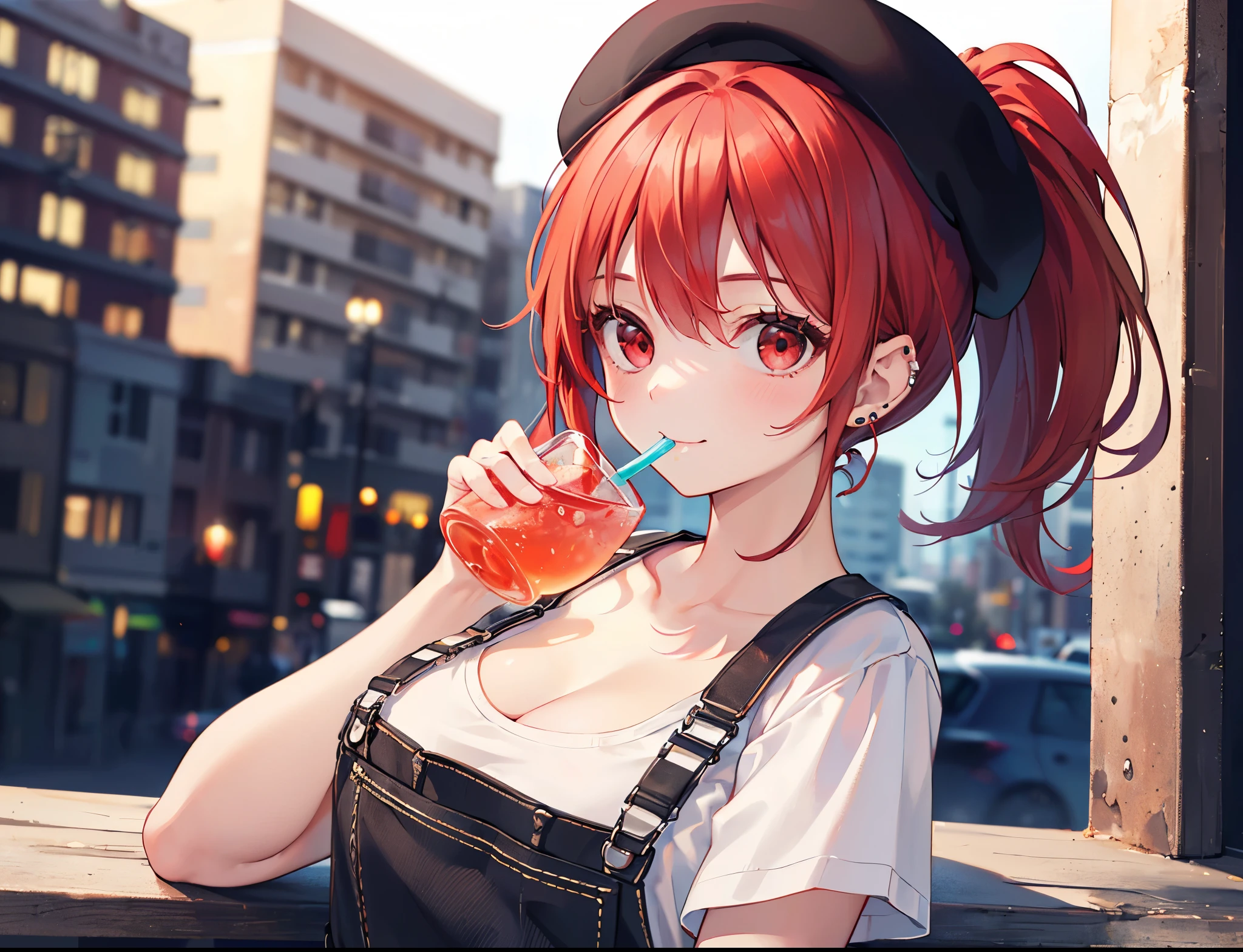 (Close-up:1.3),Realistic,highest quality, Ultra Detail, High-quality CG rendering, The most delicate and beautiful, Floating softly, High resolution, (1 girl), (Highest quality,4K,8K,masterpiece:1.2),(All red hair:1.5), (ponytail:1.5),(Red eyes:1.5),(Slightly larger breasts:1.2), (Light brown overalls:1.3),(Pure white inner T-shirt:1.3),(Black boots:1.3)、(Light brown beret:1.3)、Piercing in left ear,In the city,old buildings,(Upper Body:1.3),(Drinking a drink:1.3),smile