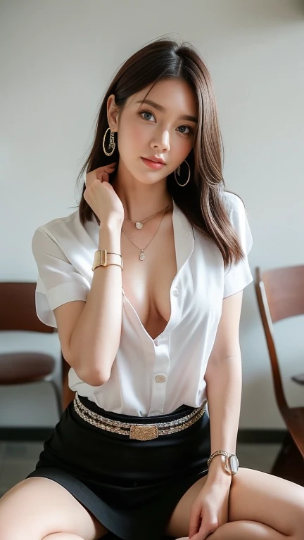 (8ก,high resolution,Masterpiece, best quality, alone, complicated details, Chromatic aberration), realistic, ((small breasts)), hair in one eye, big round hoop earrings, Diamond choker, Gold Necklace, silver necklace, small watch, bangle, bracelet, bangleข้อเท้า, waist necklace, (symmetrical eyes),(Perfect symmetrical body), (Photo of a beautiful 24 year old teenage girl), Beautiful and charming with contemporary fashion paintings as well.., looking at the audience, ((Behind the scenes of a large classroom)), (black short skirt), (((Wear a blue shirt over it.., ((white short sleeve, Open chest shirt), ((เปิดเสื้อโชว์small breastsน้อย, no bra,)), (open chest), (Sagging breasts.))), (()), (Long square leather belt buckle), ((Put your hands down.)), (Bob, medium length hair, pinch, Side flatness, brass colored hair, (There is a thin layer of hair covering the face..)), sharp eyeliner, eyelid, Blush, have thick eyelashes, sharp eyes, purple eyes, pink cheeks, Very delicate and beautiful, round chin, Sharp focus, elegant, (Open your legs on the study table..), (Sit facing out and looking at the camera..), (Open your legs and lift your right leg over your left leg..), (), Set a seductive example, (Sagging breasts.)
