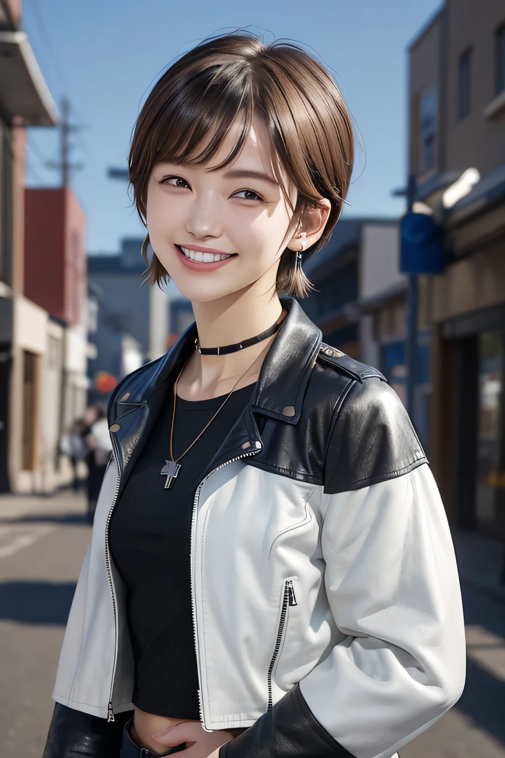 205 ((short hair)), 20-year-old female, In underwear、Leather jacket with sleeves unworn、Wear a jacket over your shoulders、smile、Beautiful teeth alignment、、Black Hair、ear piercing、Necklace around the neck、Looking into the camera, The background is the city Off-the-shoulder fashion