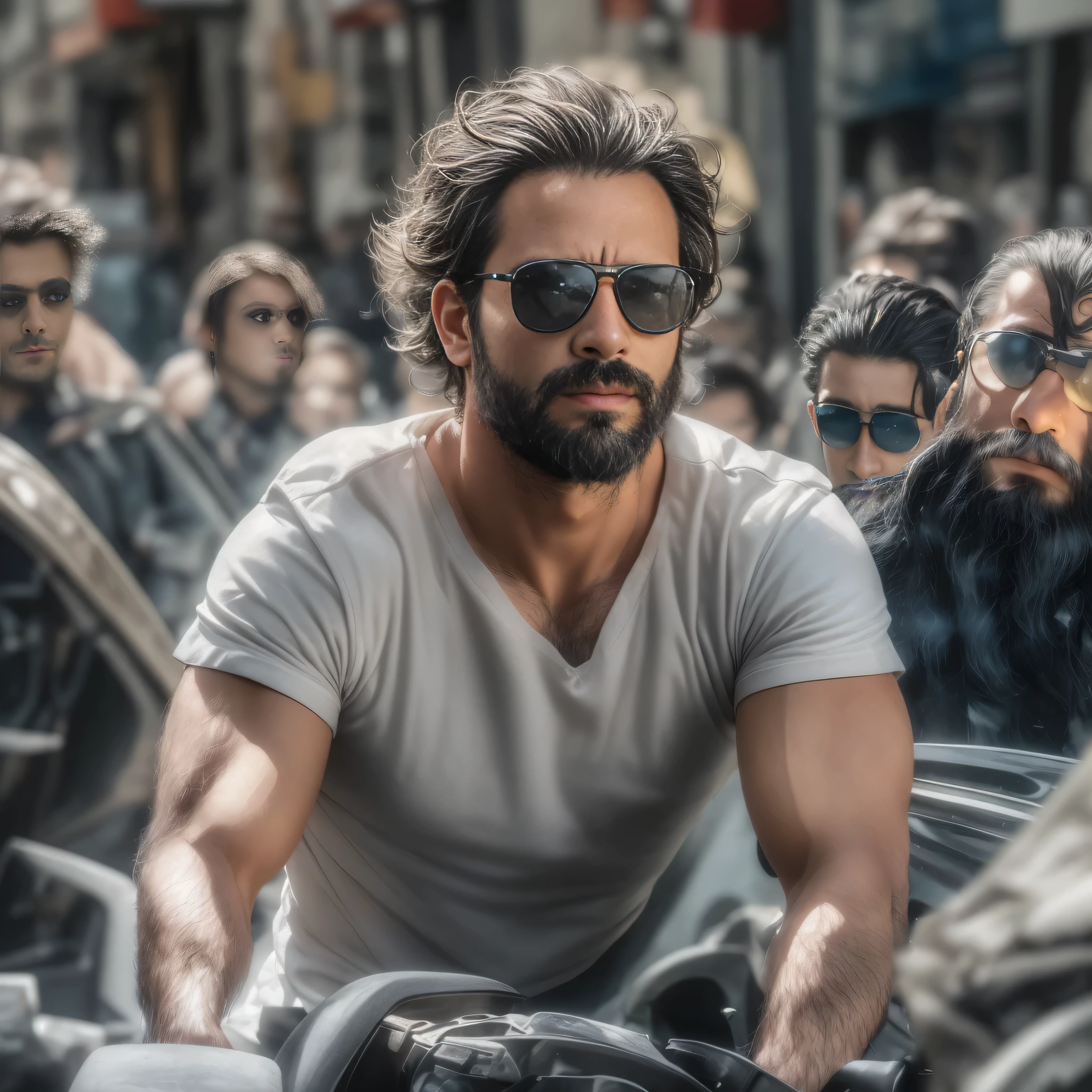 {
"prompt": "a 38 year old man, con barba y lentes de sol, appears as the protagonist in a scene from the &#39;Fast and Furious&#39; saga. It is a medium shot focusing on the upper part of the body. It is in the middle of a busy street in a modern city, rodeado de coches deportivos de alta gama y motos de gran cilindrada. The man is dressed in a black leather jacket and a white t-shirt, luciendo una actitud desafiante y confiada. El sol brilla intensamente, creando reflejos en los coches y un ambiente lleno de adrenalina. Al fondo, se pueden ver rascacielos y una multitud de personas observando la escena."
}