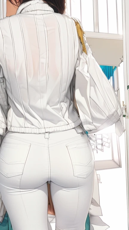 Secretly filmed by a professional photographer, UHD, masterpiece, accurate, anatomically correct, textured skin, super detail, high details, 8k, A woman in her fifties wearing white jeans and a white shirt and carrying a black bag, Cute big pocket, White pants, wear tight, simple clothes, Shapely butt, Get closer to Skinny, Tightly wrinkled clothes, Extra Large_hind legs, Accentuated hips, Wear white clothes, West Shot, Shot from the rear, White fluffy clothes
