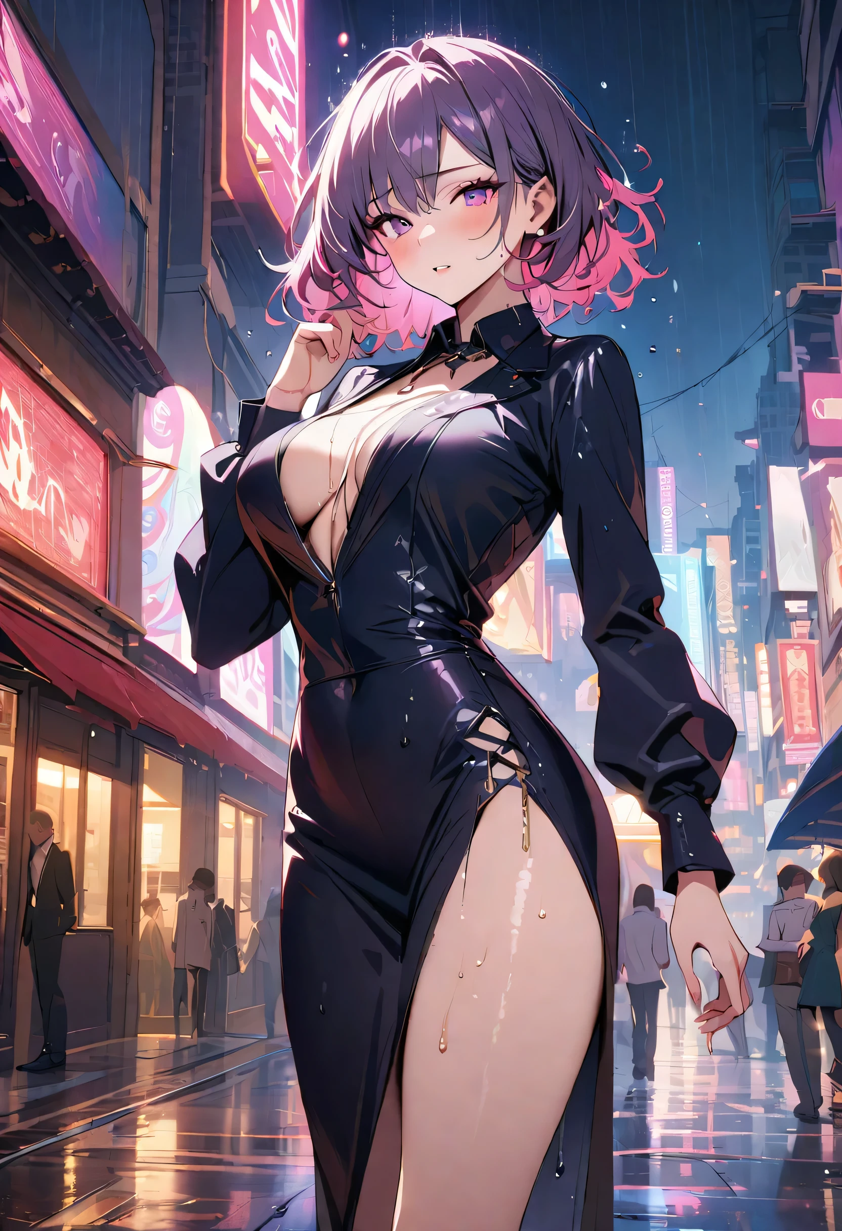 masterpiece, best quality, novel illustration, highres, 18+ mature content, sensual, intimate, emotional, passionate, romantic, sweet, endearing, innocent, pure, captivating, alluring, enticing, mysterious, enchanting, captivating, immersive, mesmerizing, dreamlike, surreal, imaginative, whimsical, artistic, avant-garde, timeless, elegant, sophisticated, chic, refined, unique, original, mesmerizing,(masterpiece, best quality, 1girl, office lady, drenched in rain, disheveled appearance, wet clothes clinging to body, looking exhausted, urban street background with heavy rain and strong winds)