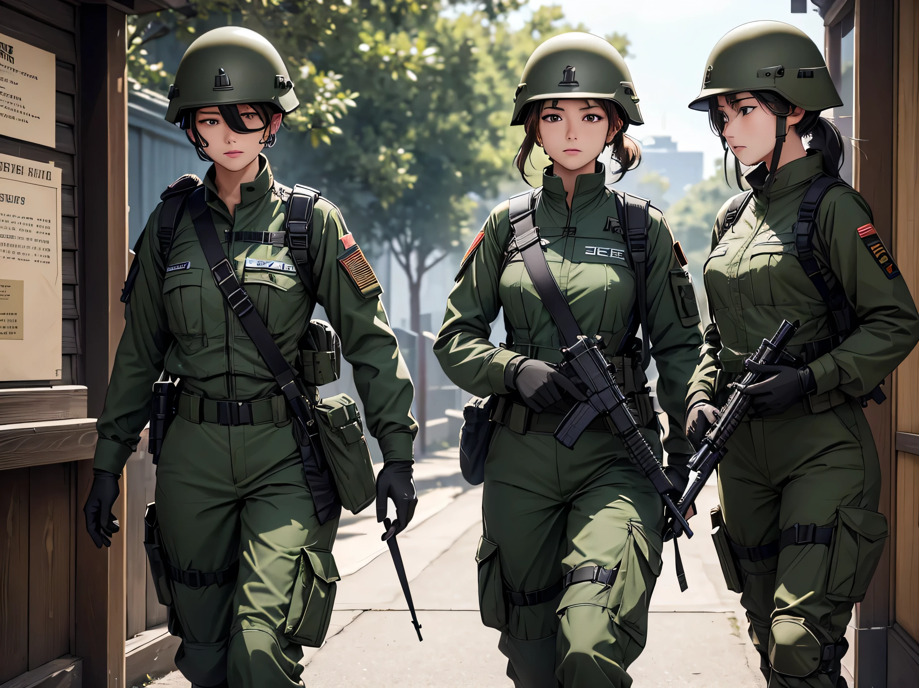 Three female soldiers wearing helmets,Dark green military uniform、Military Pants、Tactical harness、Military rifle in hand,Side-by-side stations,See the thighs,walk,base,Write details、masterpiece、best quality、Highly detailed CG、8K picture quality、theater lighting、lens flare,all,all belt。