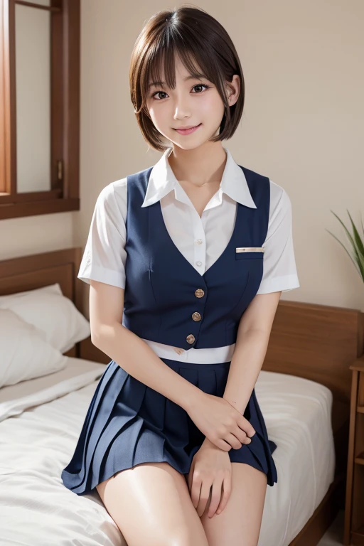 High resolution,RAW Photos,Realistic,Very delicate and beautiful,Very detailed,In detail,Very detailed CG unity 8k wallpaper,Super detailed,(highest quality, 8k, 32k, masterpiece, 超High resolution:1.2), beautiful Japanese girl in JK Uniform,Very beautiful face,Long, narrow eyes,expensive,slim,Small breasts,JK Uniform,White short sleeve shirt,Upper teeth,A kind smile,Bedroom,Young Sensual Gravure Idol,Young and skinny gravure idol,A young and cute gravure idol,Young Gravure Idol,realistic Young Gravure Idol,Japanese Model,A sophisticated gravure idol,short hair,bangs、undressing、changing clothes、Navy blue pleated skirt、mini skirt、cleavage、Gravure poses for photos、Sitting with your knees bent