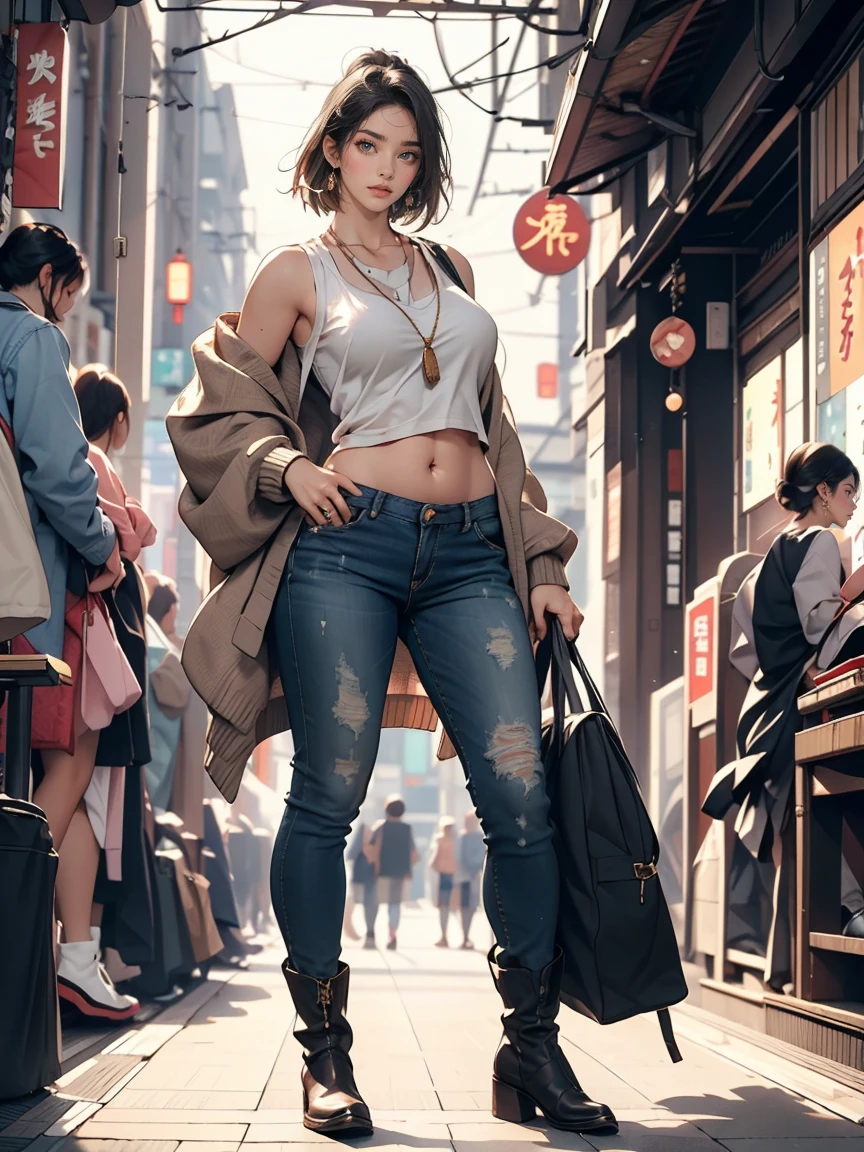 (8K, RAW photos, best quality, masterpiece:1.2), (realistic, photo-realistic:1.37)、26 year old Japanese woman、hair is gray、Eye color is dark blue、Short hair、venus body、My chest sticks out、huge breasts, Exploding breasts, Sagging breasts due to gravity, Wear accessories on your ankles.. She is wearing a gold lace tank top and a flowing see-through cardigan..., short jeans、I can see my belly button、Black leather boots that reach to the knees, Standing at the Tokyo train station, Glowing skin under clear sunlight, standing posture, full body,