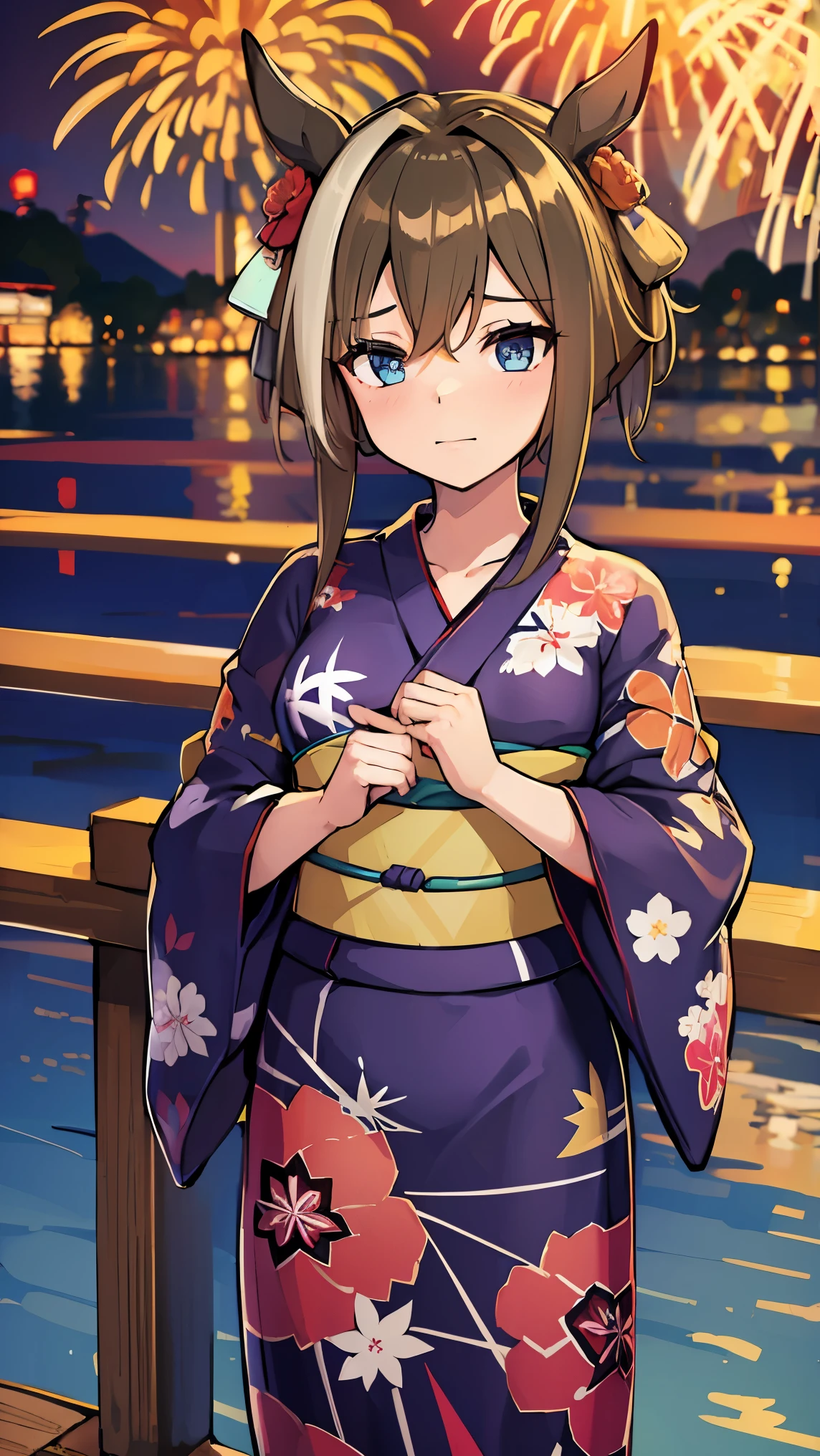 masterpiece, highest quality, High resolution, Very detailed,(((Schwarzgran))), (((yukata))), firework
