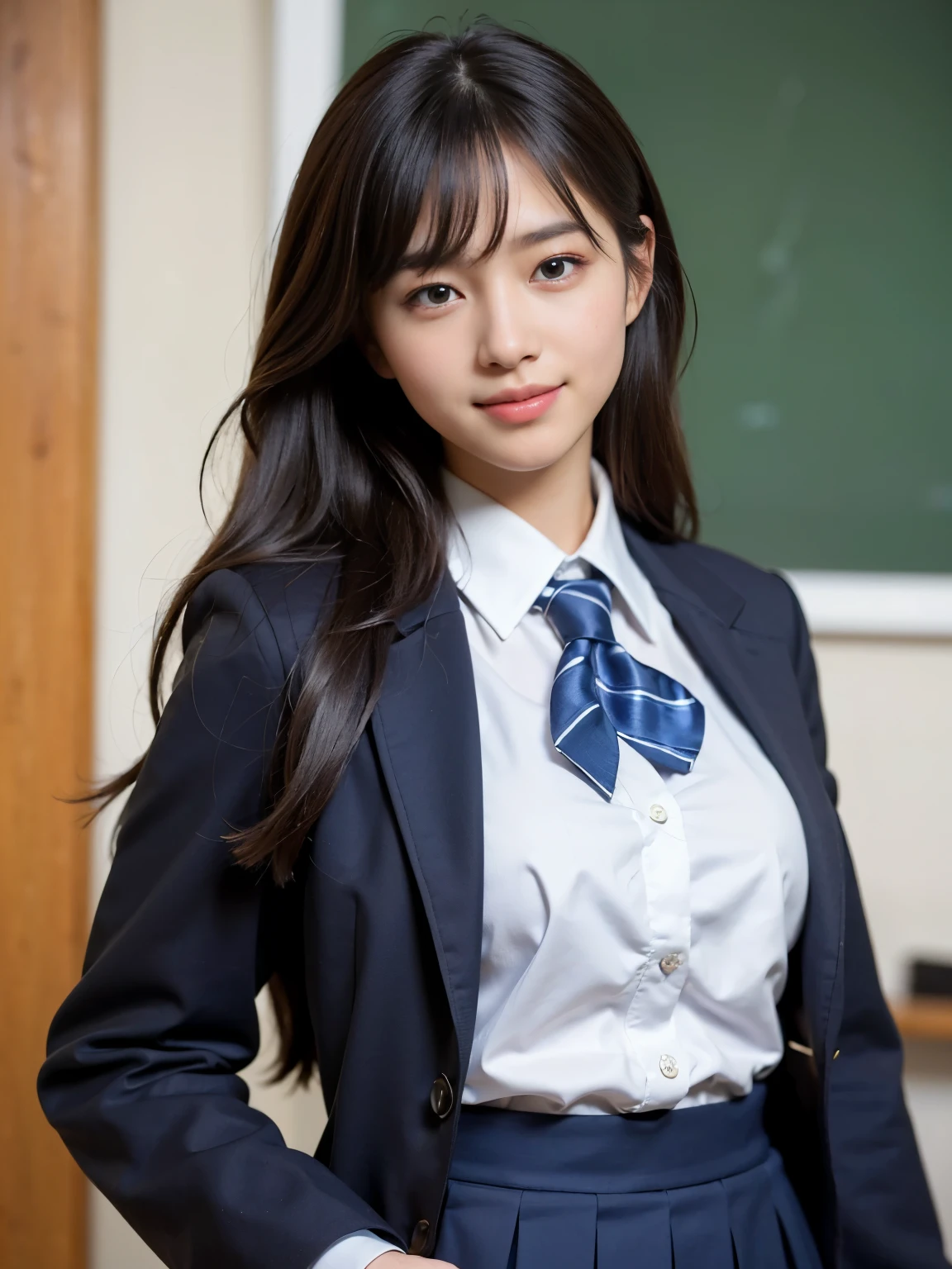 (school uniform:1.5), (Photorealistic:1.4), (Best quality:1.0), (Ultra-high resolution:1.0), 8K, RAW photo, (Masterpiece:0.2), Ultra-detailed, Close short, 1girll, Beautiful skin, Detailed skin, view the viewer, full bodyesbian, (Long hair:1), Smile, (Closed mouth:1)