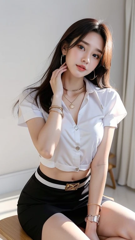 (8ก,high resolution,Masterpiece, best quality, alone, complicated details, Chromatic aberration), realistic, ((small breasts)), hair in one eye, big round hoop earrings, Diamond choker, Gold Necklace, silver necklace, small watch, bangle, bracelet, bangleข้อเท้า, waist necklace, (symmetrical eyes),(Perfect symmetrical body), (Photo of a beautiful 24 year old teenage girl), Beautiful and charming with contemporary fashion paintings as well.., looking at the audience, ((Behind the scenes of a large classroom)), (black short skirt), (((Wear a blue shirt over it.., ((white short sleeve, Open chest shirt), ((เปิดเสื้อโชว์small breastsน้อย, no bra,)), (open chest), (Sagging breasts.))), (()), (Long square leather belt buckle), ((Put your hands down.)), (Bob, medium length hair, pinch, Side flatness, brass colored hair, (There is a thin layer of hair covering the face..)), sharp eyeliner, eyelid, Blush, have thick eyelashes, sharp eyes, purple eyes, pink cheeks, Very delicate and beautiful, round chin, Sharp focus, elegant, (Open your legs on the study table..), (Sit facing out and looking at the camera..), (Open your legs and lift your right leg over your left leg..), (), Set a seductive example, (Sagging breasts.)
