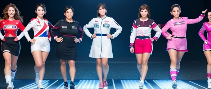 Photorealistic、40 years old.Race Queen、5PeopleFemale group、Middle-aged women、Racing Suits、skirt、Photorealistic、Posing、Circuit Girl、40 years old、Chubby body type、The background is the circuit pit、japanese.。