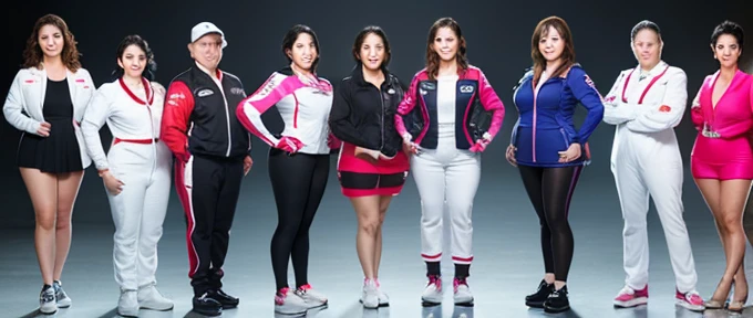 Photorealistic、40 years old.Race Queen、5PeopleFemale group、Middle-aged women、Racing Suits、skirt、Photorealistic、Posing、Circuit Girl、40 years old、Chubby body type、The background is the circuit pit、japanese.。